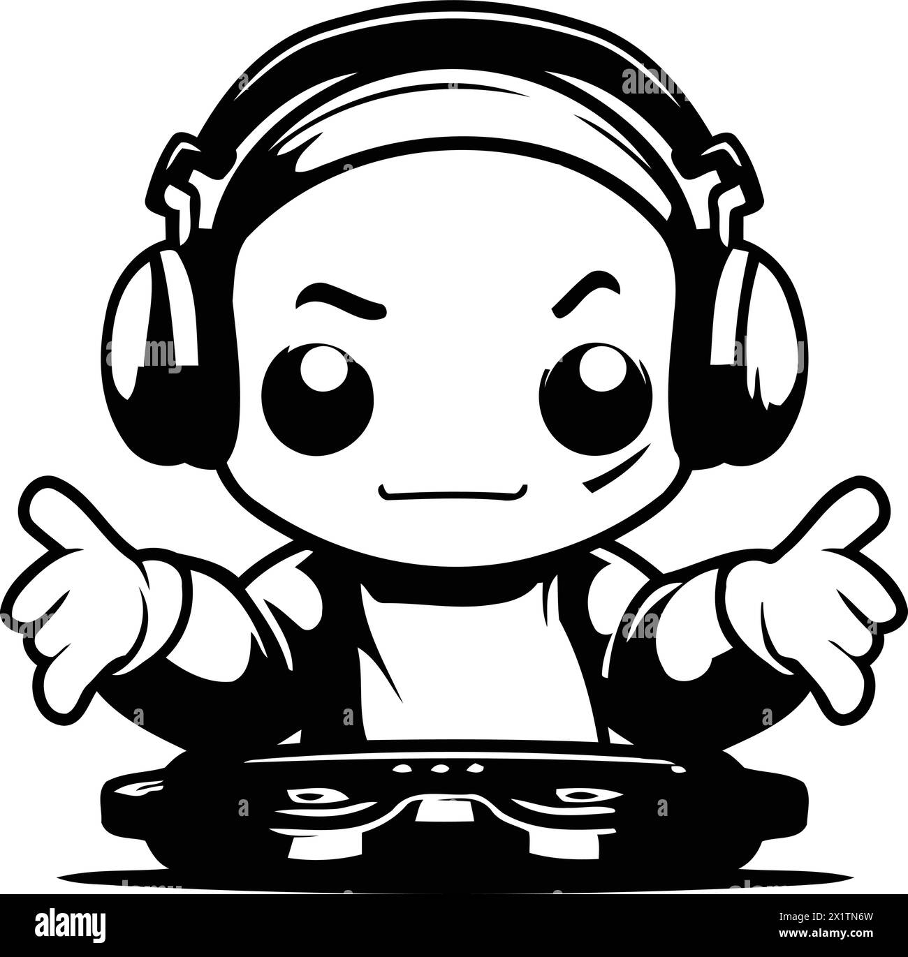 Simpatico personaggio di Cartoon DJ con cuffie e console di mixaggio. Illustrazione vettoriale. Illustrazione Vettoriale