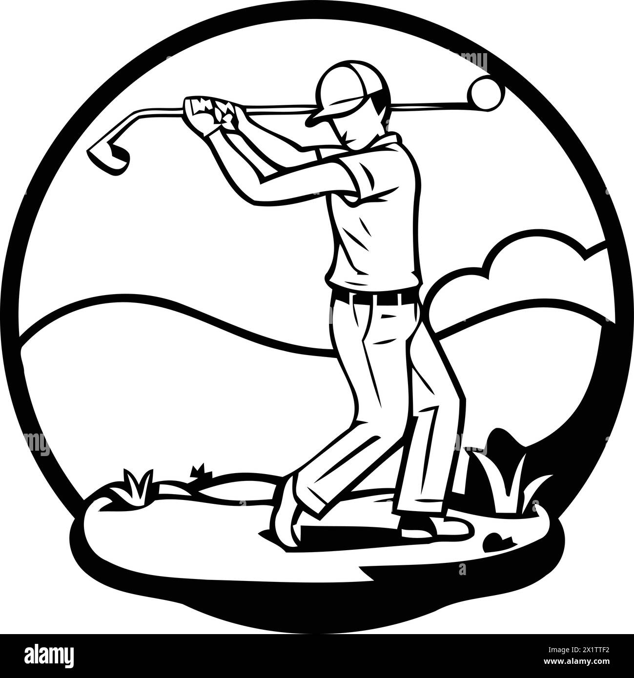 Golfista che colpisce una palla da golf sul campo. Illustrazione vettoriale Illustrazione Vettoriale