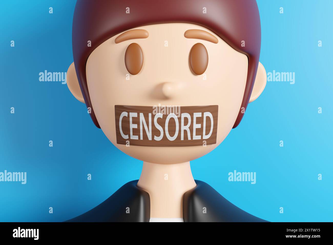 Bocca di un personaggio femminile di cartoni animati coperto, bloccato e bloccato da un nastro di plastica marrone con la parola bianca CENSURATA. Libertà di parola Foto Stock