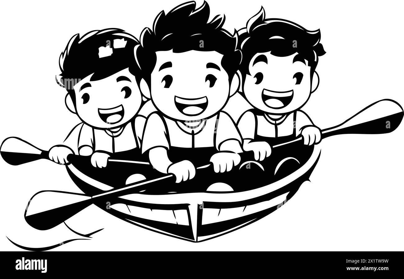 Gruppo di bambini che canta in barca. Illustrazione vettoriale cartoni animati. Illustrazione Vettoriale