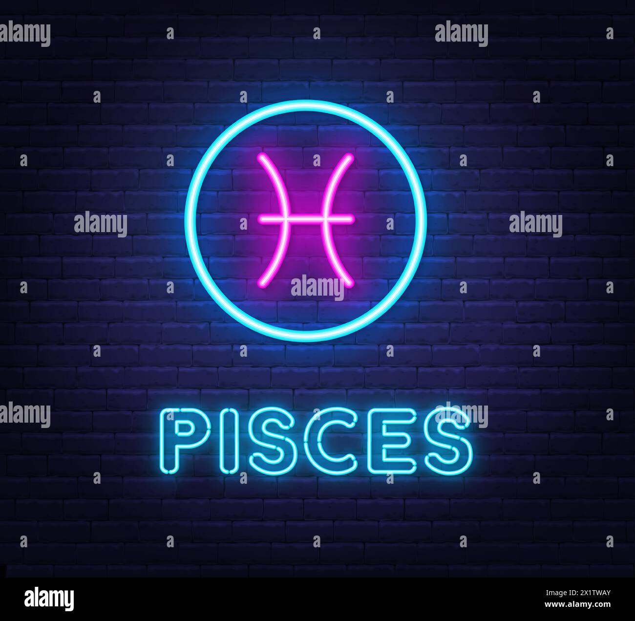 Pisces al neon Sign on Brick Wall background. Illustrazione Vettoriale