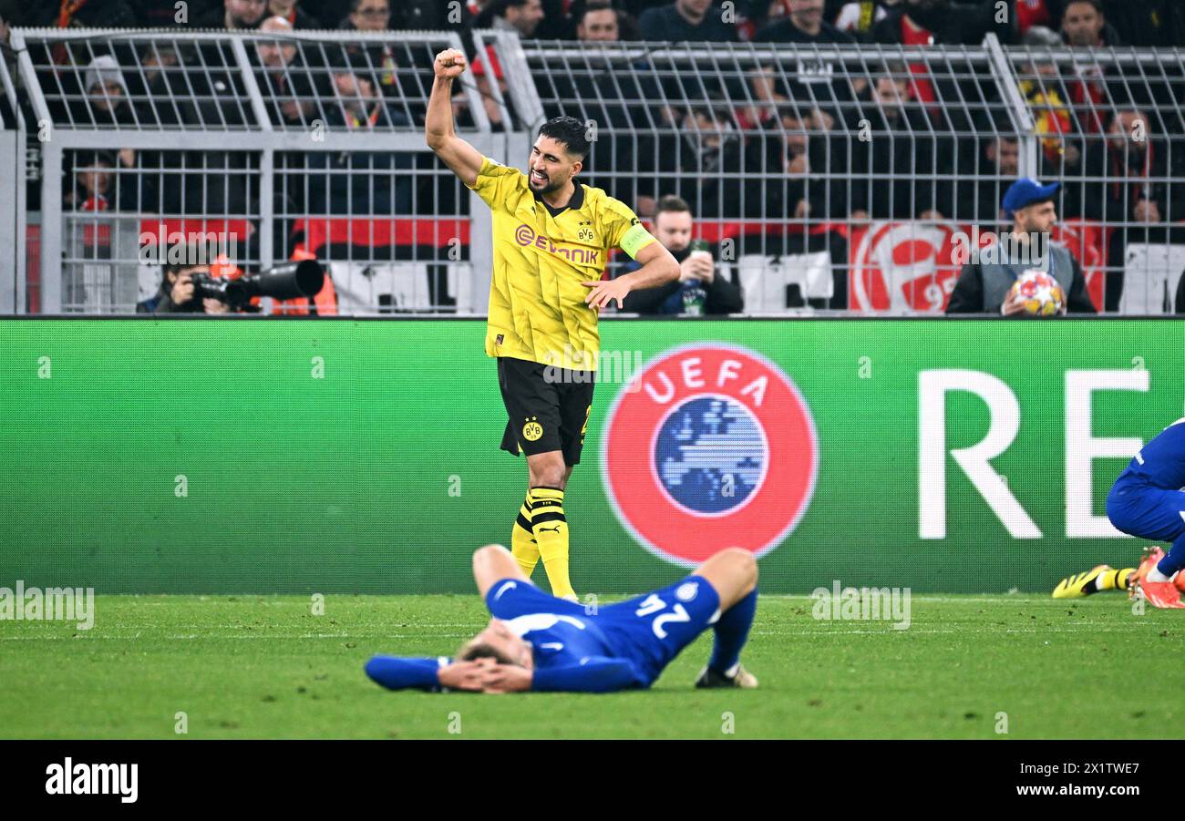 Champions League, quarti di finale, Signal Iduna Park Dortmund: Borussia Dortmund vs Atletico Madrid; Emre CAN (BVB) festeggia dopo la partita Foto Stock