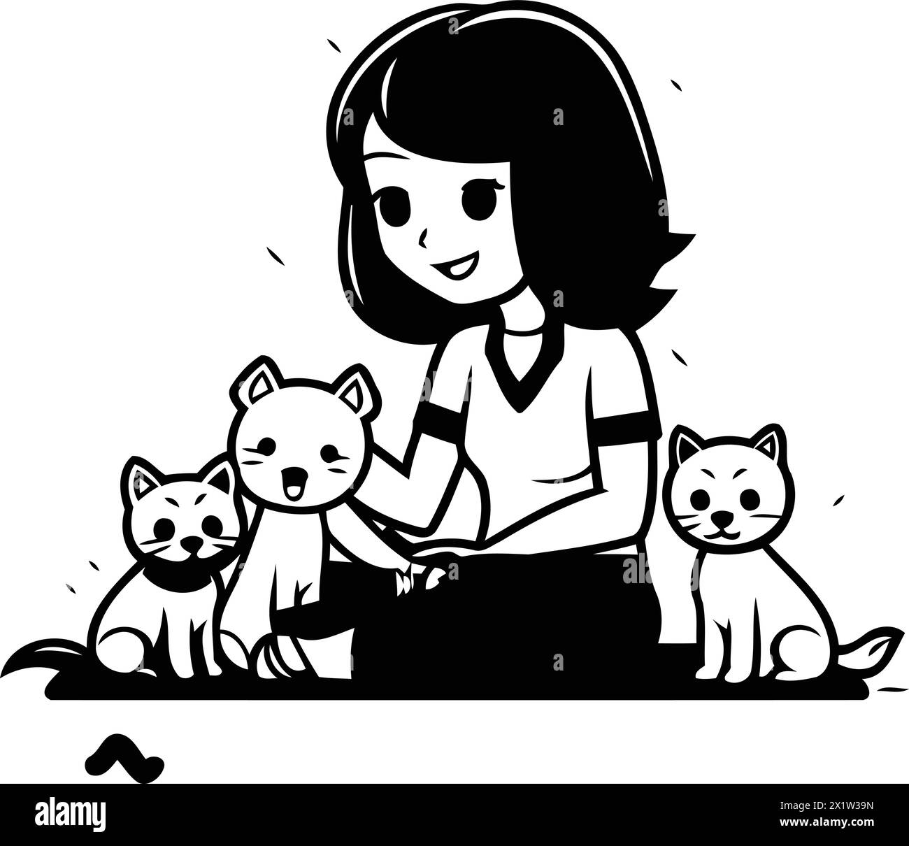 Illustrazione vettoriale di una ragazza che gioca con i suoi cani. Stile cartoni animati. Illustrazione Vettoriale