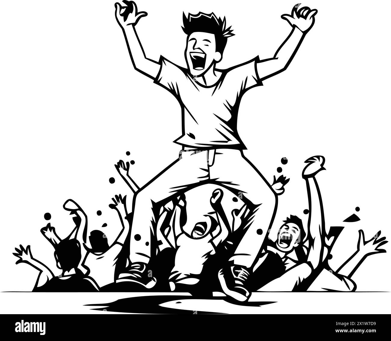 Illustrazione vettoriale di un giovane che balla e si diverte con gli amici. Illustrazione Vettoriale