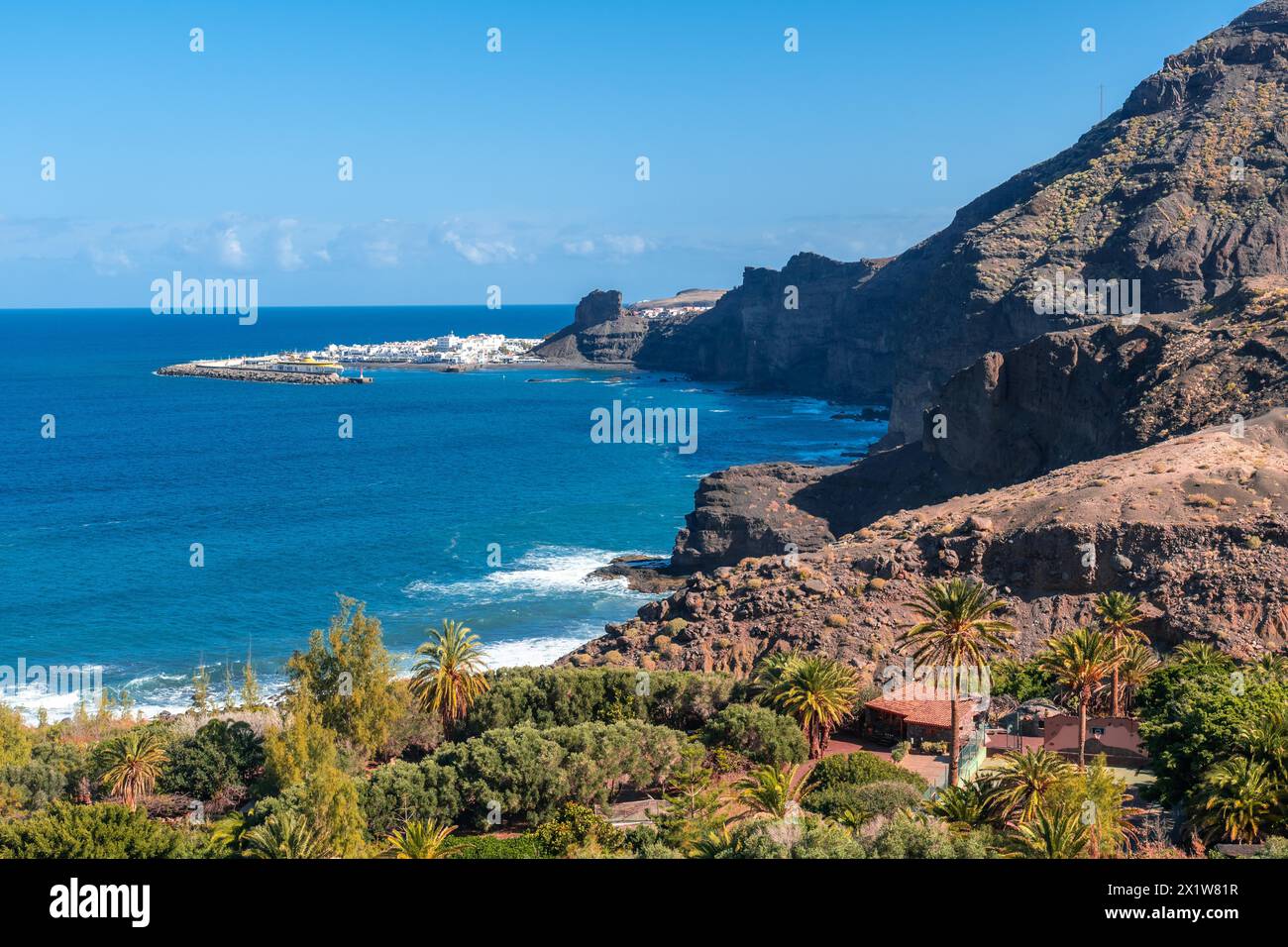 La città di Agaete dal punto panoramico di Barranco de Guayedra. Gran Canaria. Spagna Foto Stock
