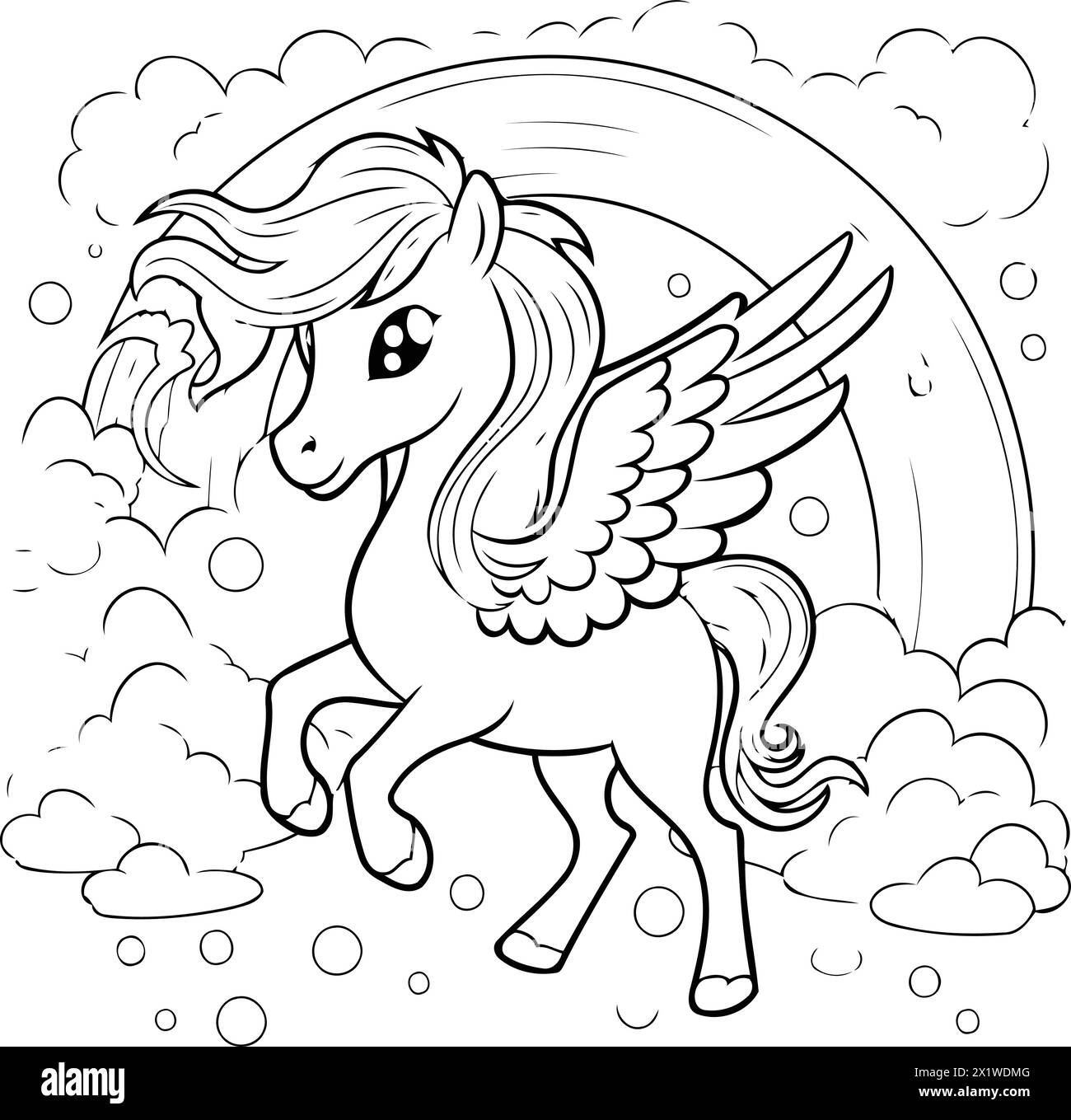 Unicorno tra le nuvole con l'arcobaleno. Libro da colorare per bambini. Illustrazione Vettoriale