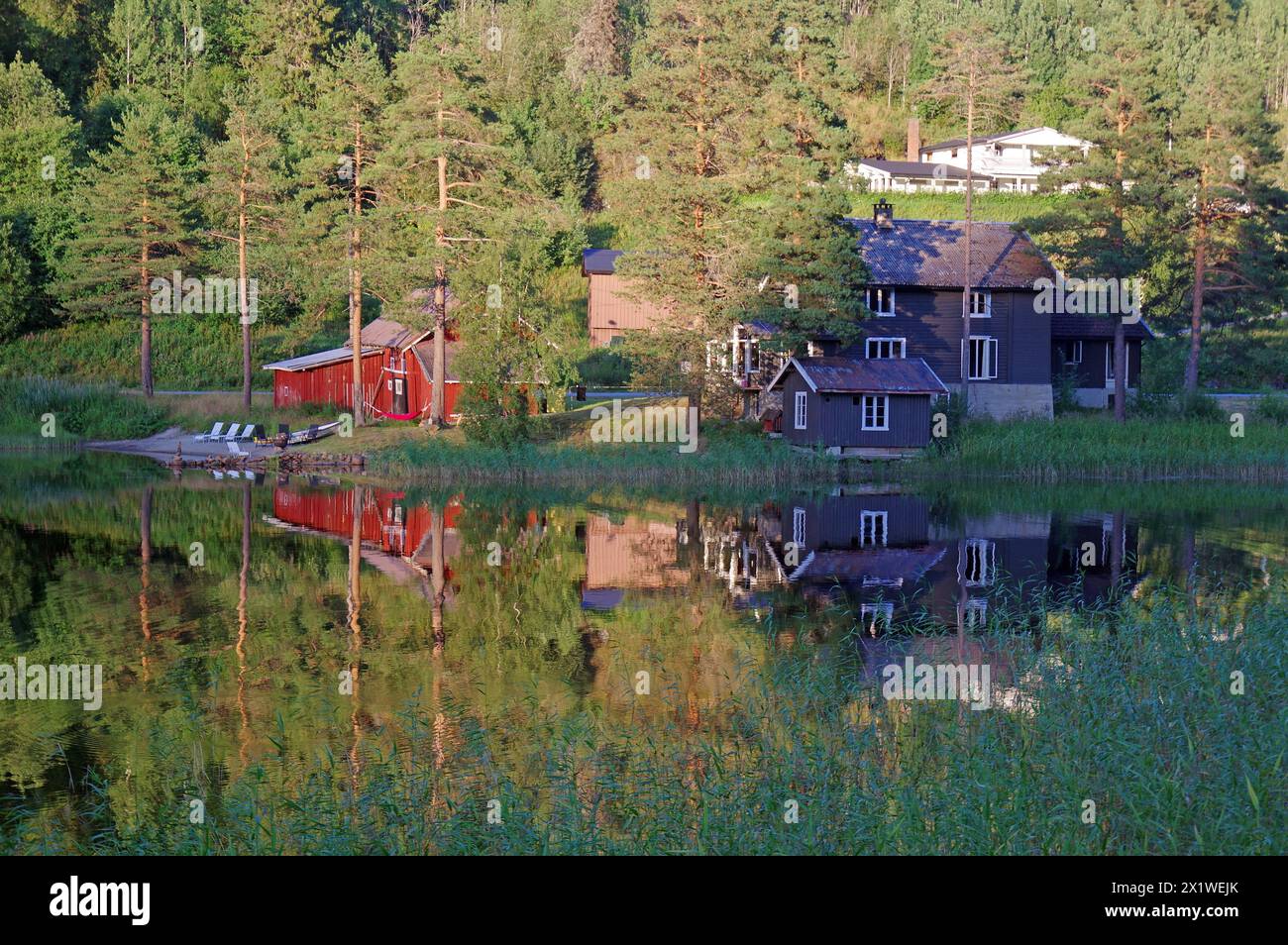 Case e alberi che si riflettono in un lago tranquillo, Idyll, Morgedal, Telemark, Norvegia Foto Stock