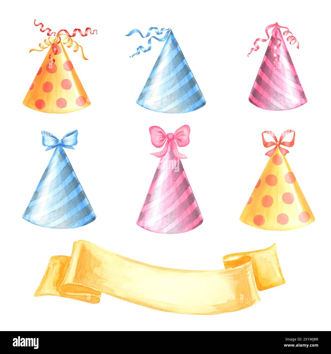 Cappelli da festa colorato fiocco striscione giallo. Collezione festiva di buon compleanno. Set di illustrazioni ad acquerello modello di decorazione natalizia. Isolato Foto Stock