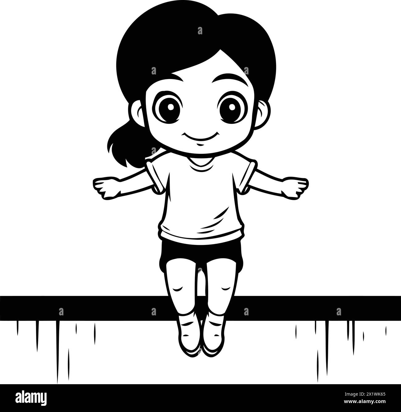 Una bambina carina che salta su una piattaforma di legno. Illustrazione vettoriale. Illustrazione Vettoriale
