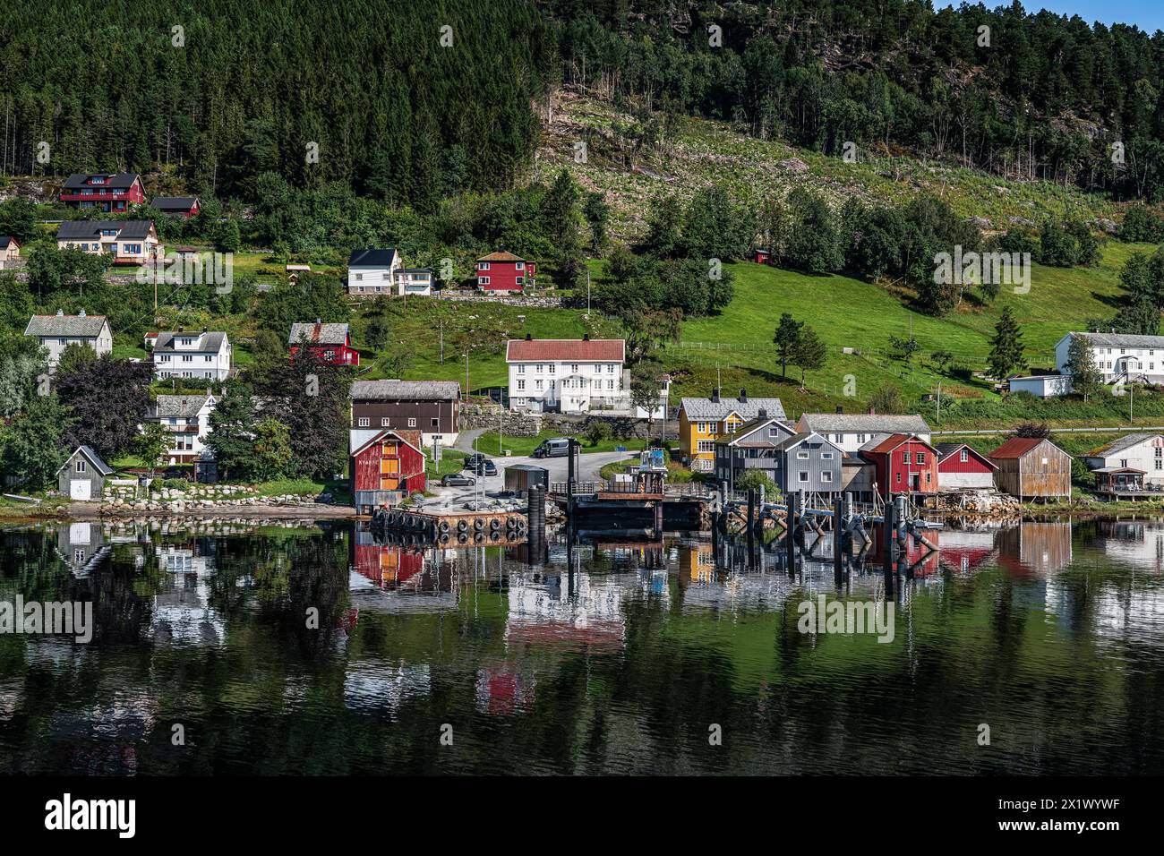 Il fiordo riflette il villaggio di Kvanne circondato dal verde in estate norvegese. Veicoli di turisti e pendolari attendono al terminal dei traghetti per l'attraversamento Foto Stock