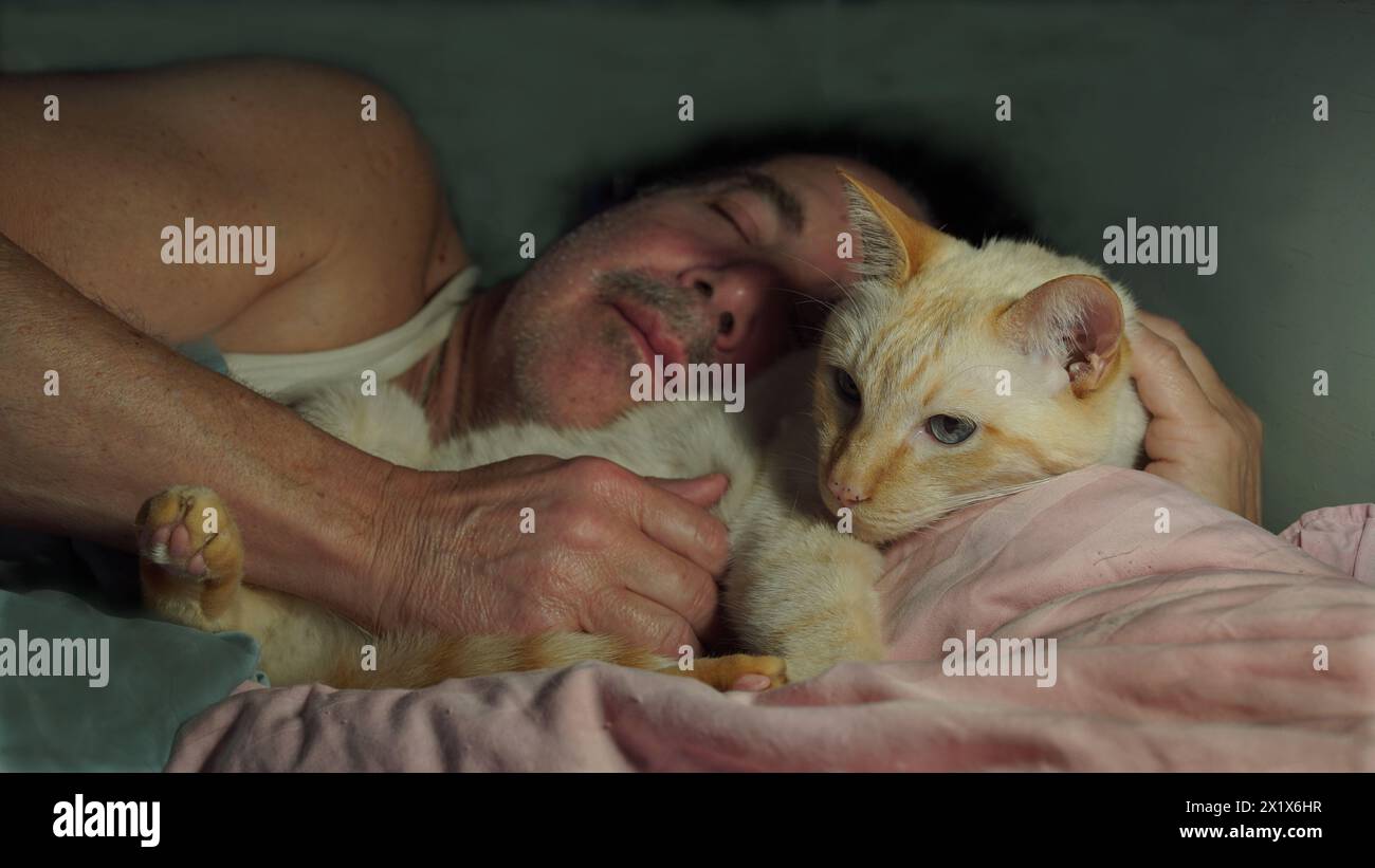 Un uomo addormentato a letto vicino a un gatto. Foto Stock
