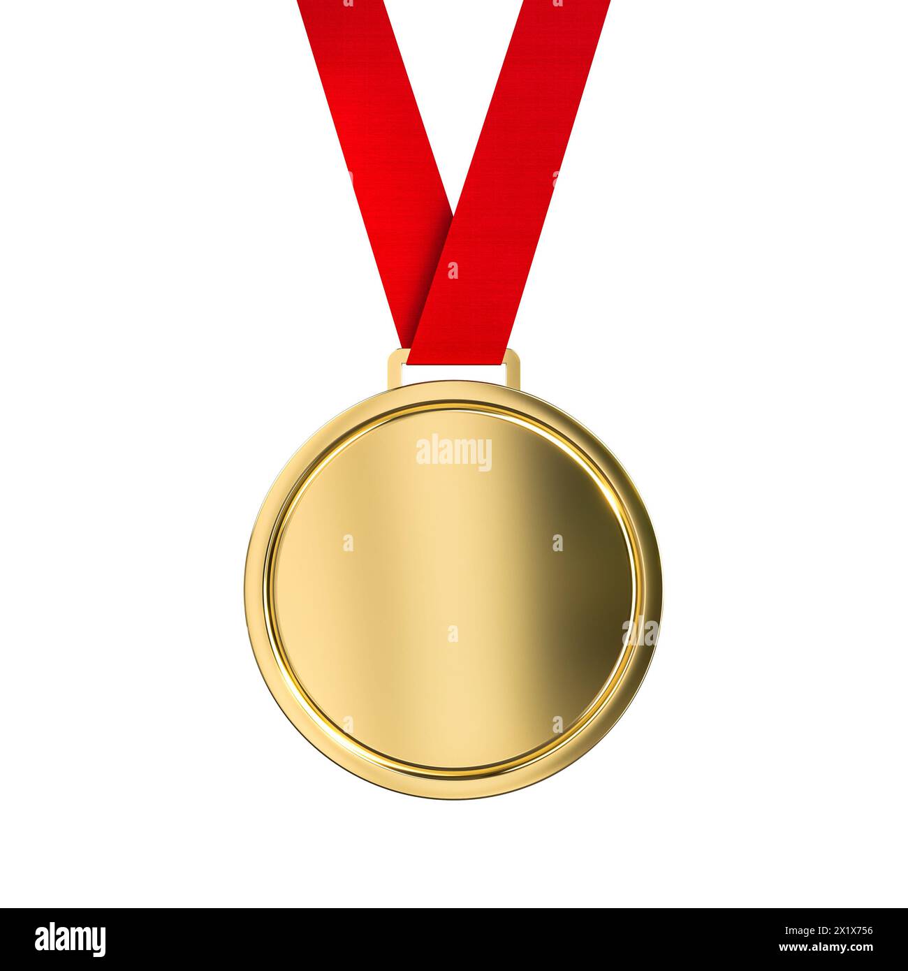 Medaglia d'oro senza marchio con finitura lucida e nastro rosso brillante, rendering 3d. Foto Stock