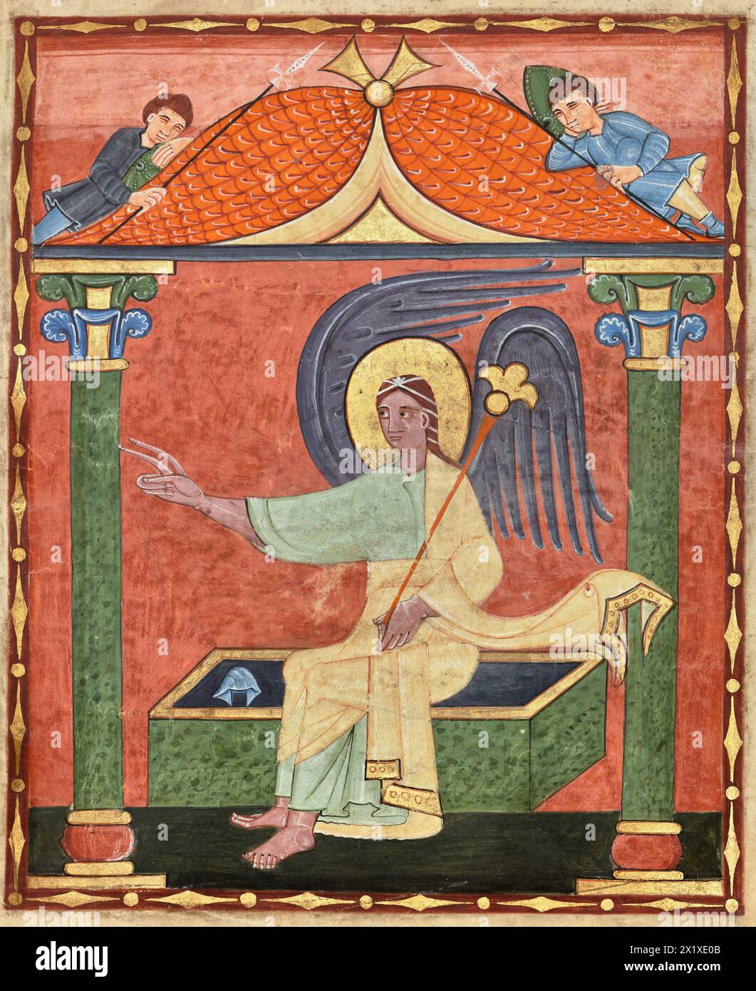 Manoscritto miniato dipinto dell'angelo nella tomba vuota artista sconosciuto opere d'arte medievale dell'XI secolo parte del codice Irmengard Foto Stock