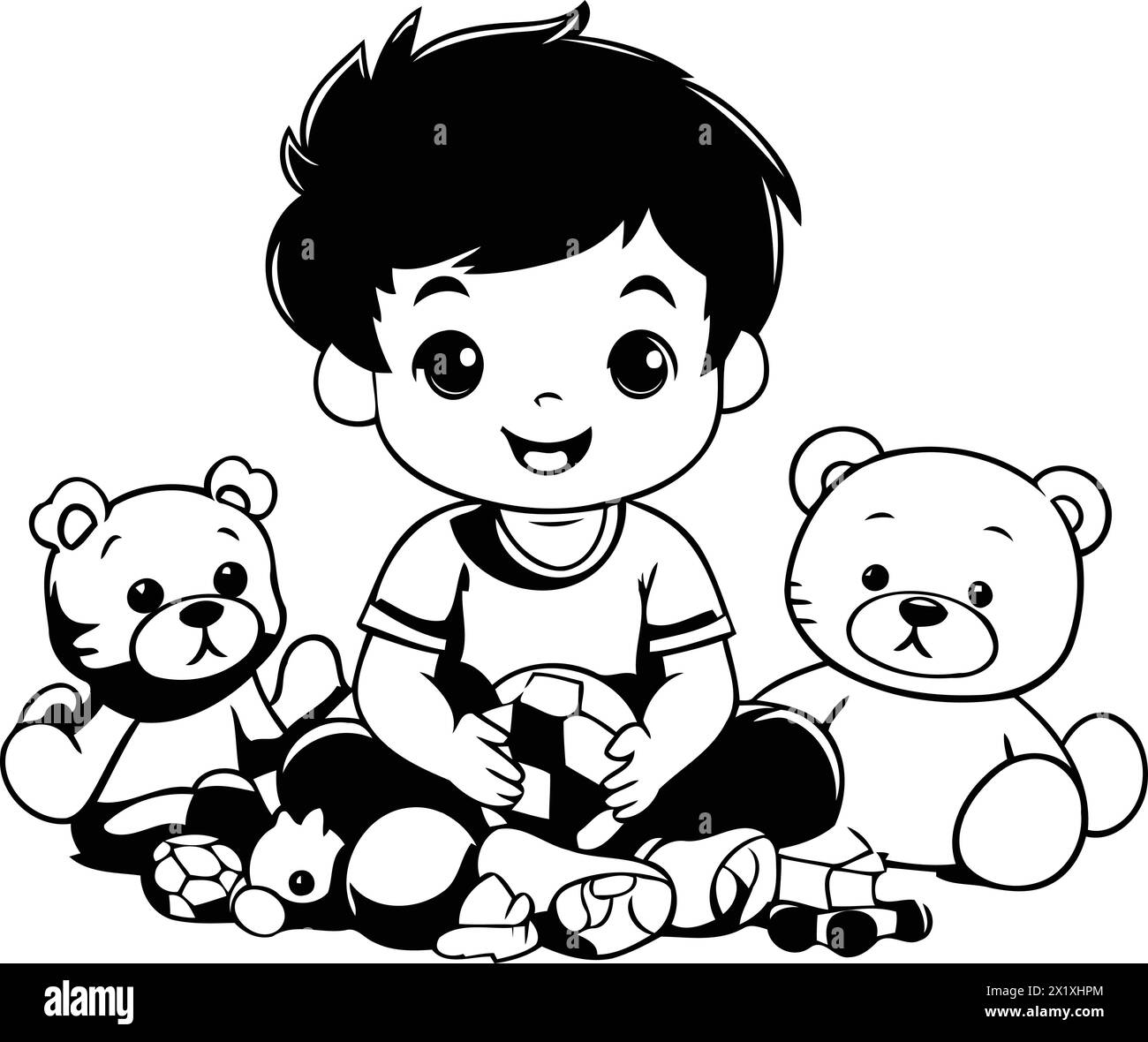Bambino carino che gioca con orsacchiotto. Illustrazione vettoriale. Illustrazione Vettoriale