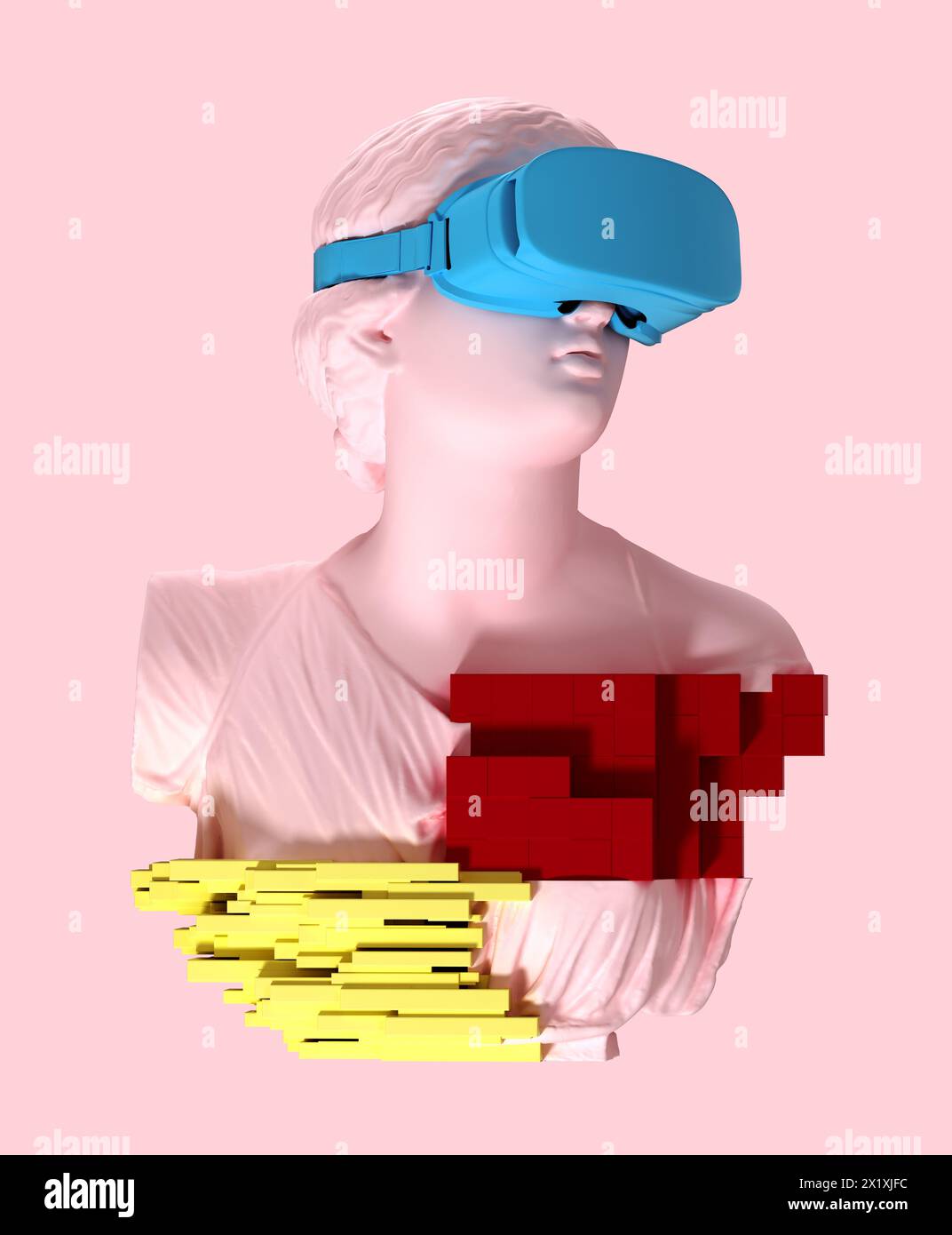 Glitch 3D della testa di una giovane donna con occhiali VR Foto Stock