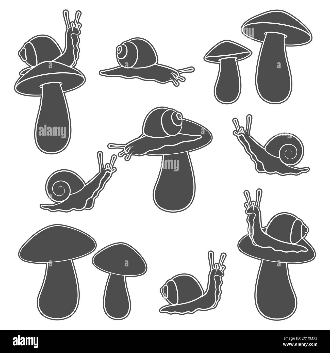Set di illustrazioni in bianco e nero con lumache e funghi. Oggetti vettoriali isolati su sfondo bianco. Illustrazione Vettoriale