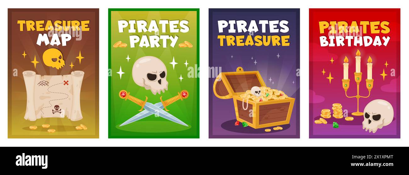 Poster del tesoro dei pirati. Accessori per rapinatori di mare. Casse in legno con monete e gemme d'oro. Corsari vecchia mappa. Spade e candelieri. Pirateria Illustrazione Vettoriale