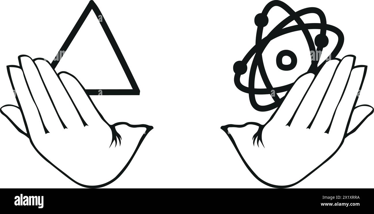 due mani aperte, ciascuna con un simbolo diverso: un triangolo che rappresenta la fede a sinistra e un atomo che rappresenta la scienza a destra, che significa Illustrazione Vettoriale