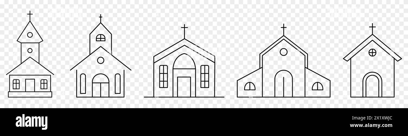 Icone delle linee sporgenti della chiesa. Illustrazione vettoriale isolata su sfondo trasparente Illustrazione Vettoriale