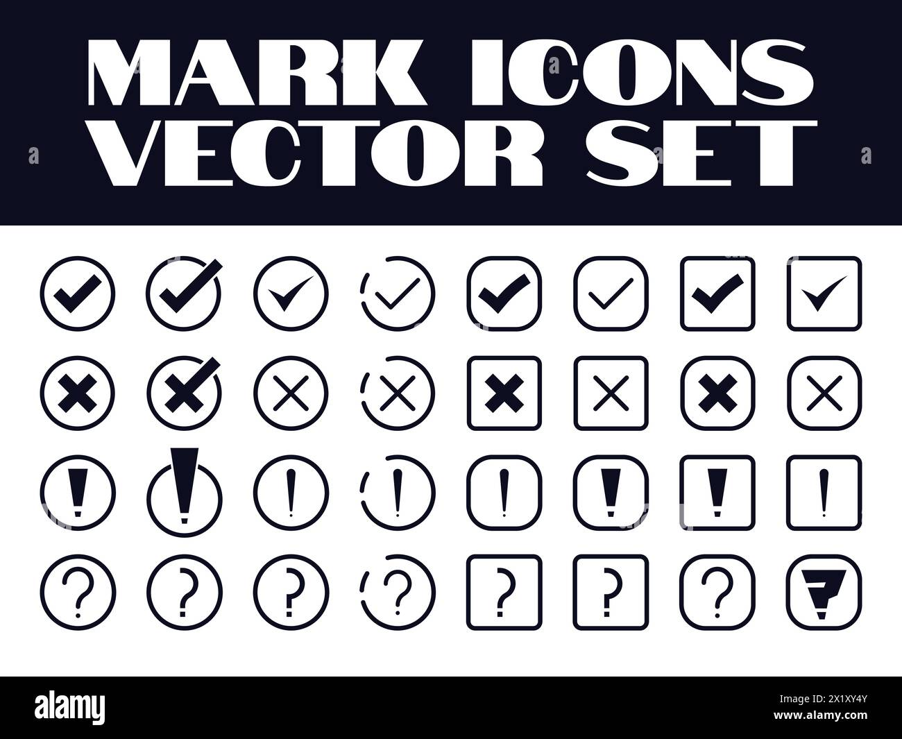 Icone di contrassegno Imposta segno di spunta vettoriale, croce, domanda, icona di punto esclamativo grafica vettoriale Illustrazione Vettoriale