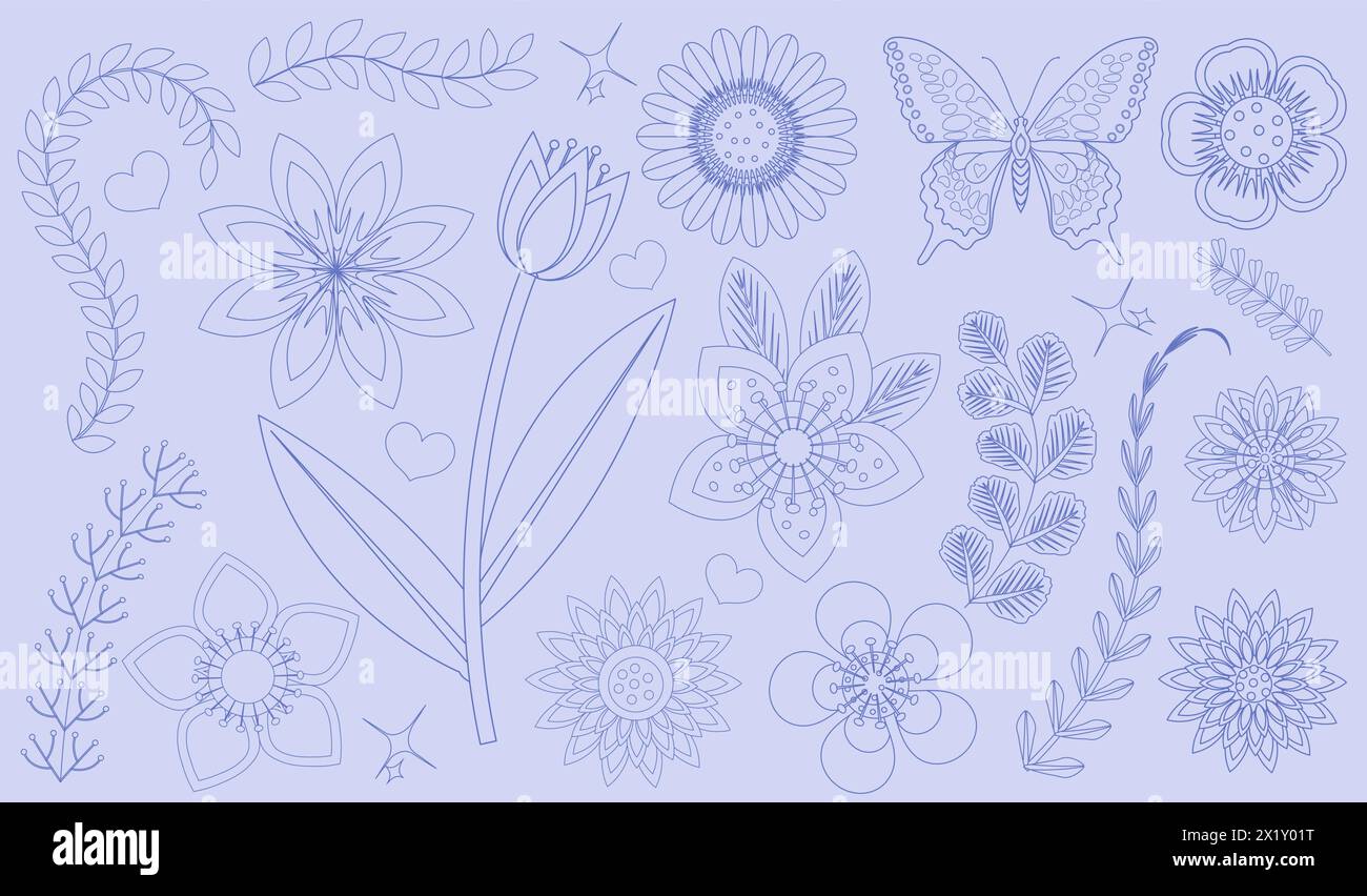 Set di fiori di lusso e logo. Elementi botanici alla moda. La linea disegnata a mano lascia rami e sbocciare. Fiori di campo eleganti per il matrimonio su invito Illustrazione Vettoriale