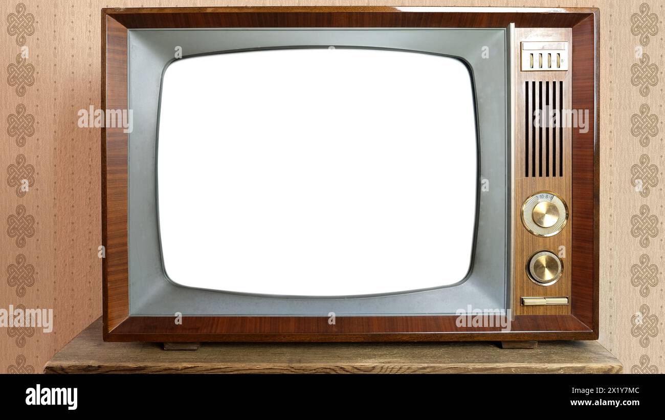 Vecchio televisore analogico retrò con schermo vuoto per designer, isolato su sfondo bianco, 1960-1970, elegante mockup, modello per video Foto Stock
