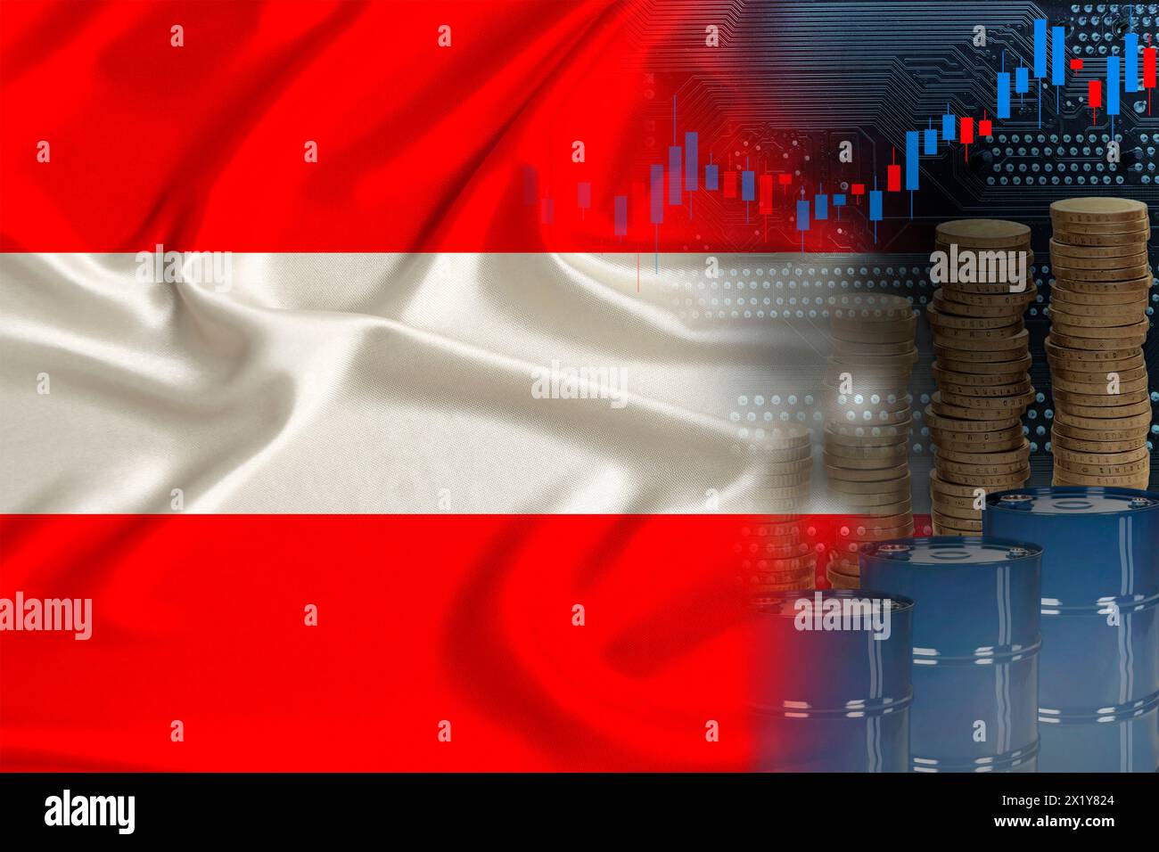 Bandiera nazionale dell'Austria sulla seta, le botti di petrolio, le monete metalliche, il concetto di negoziazione di futures petroliferi, la crescita dell'indice DBO in borsa, il commercio mondiale, Foto Stock