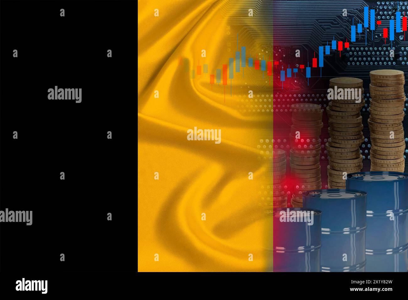 Bandiera nazionale del Belgio sulla seta, sulle barili di petrolio, sulle monete metalliche, sul concetto di negoziazione di futures petroliferi, sulla crescita dell'indice DBO in borsa, sul commercio mondiale, Foto Stock