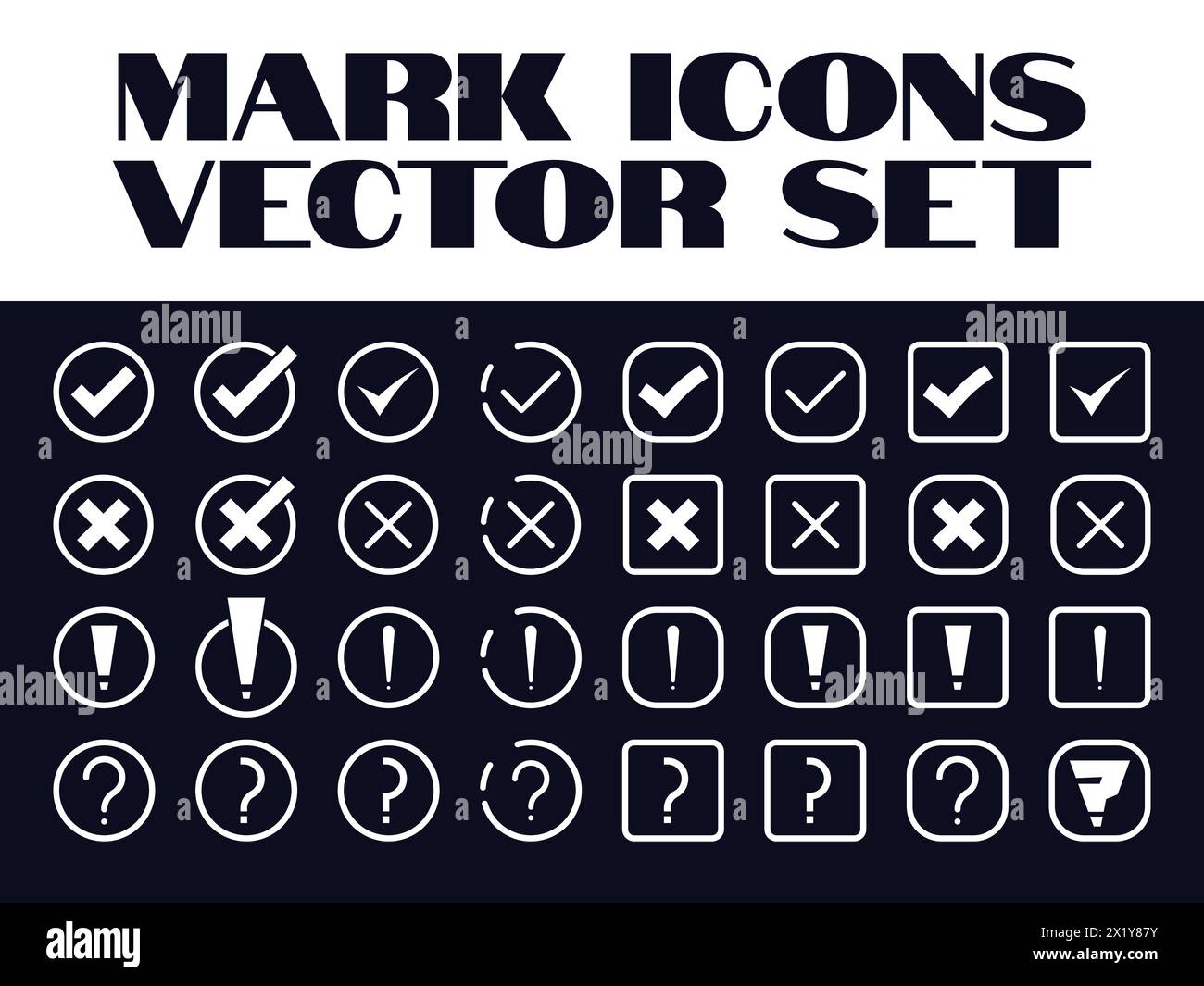 Icone di contrassegno Imposta segno di spunta vettoriale, croce, domanda, icona di punto esclamativo grafica vettoriale Illustrazione Vettoriale