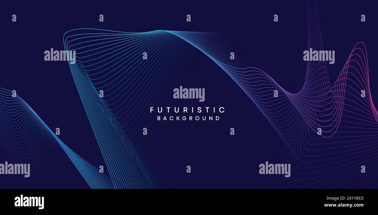 Blu scuro astratto tecnologia digitale del futuro sfondo geometrico lineare. Sfumatura viola-blu-verde con linee ondulate e sfondo per banner Web Illustrazione Vettoriale