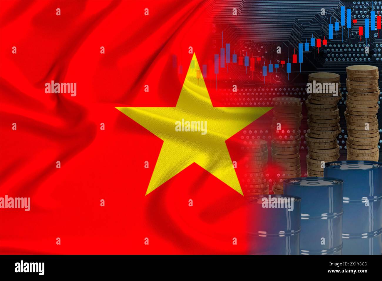 Bandiera nazionale del vietnam sulla seta, barili di petrolio, monete metalliche, concetto di negoziazione di futures petroliferi, crescita dell'indice DBO in borsa, commercio mondiale mondiale, Foto Stock