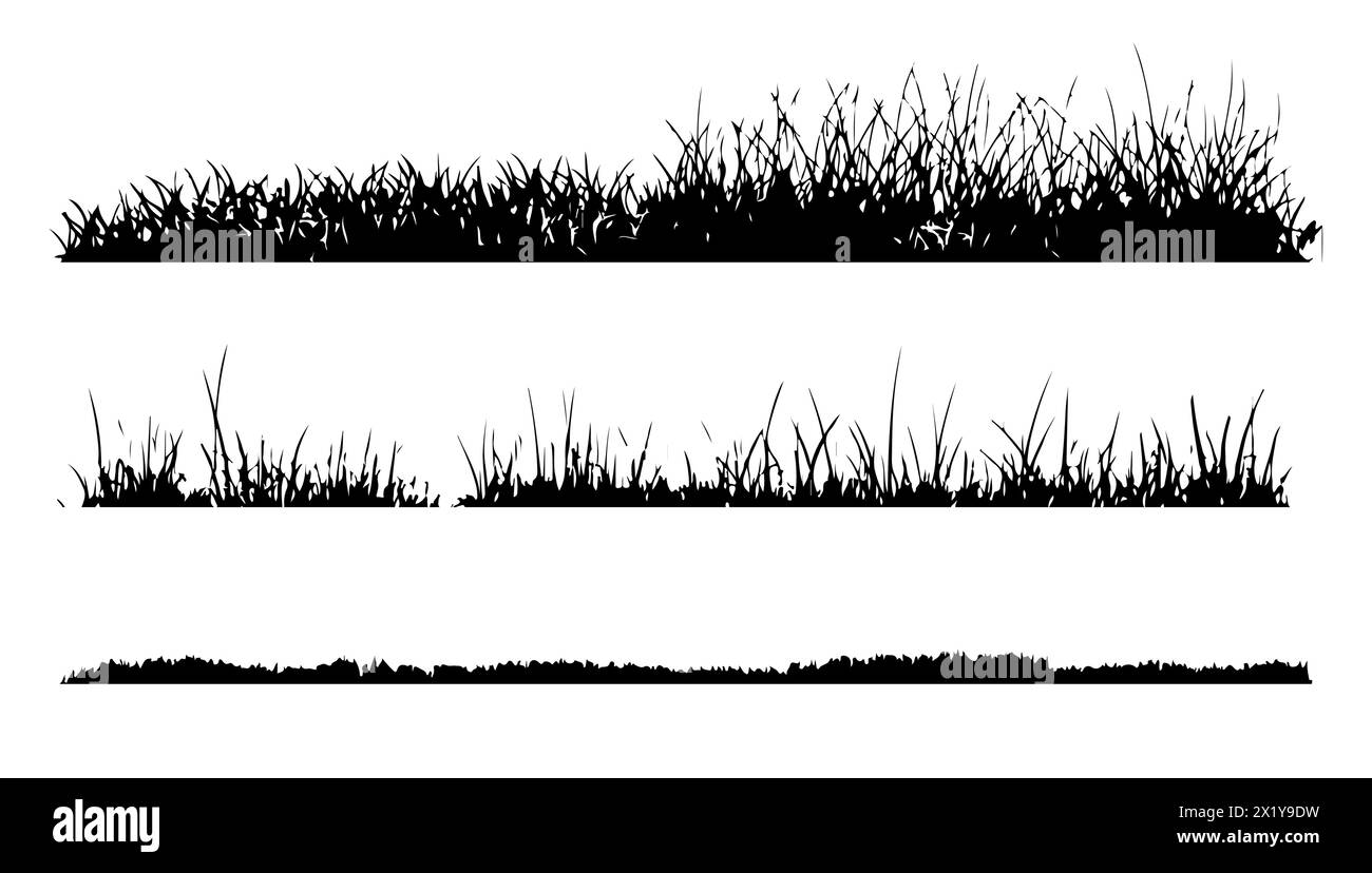 Set di sagome della linea dell'erba isolate bianche. Prato in stile naturale e giardino Element. Cartone animato in bianco e nero. Orizzontale raccolta orizzontale Illustrazione Vettoriale