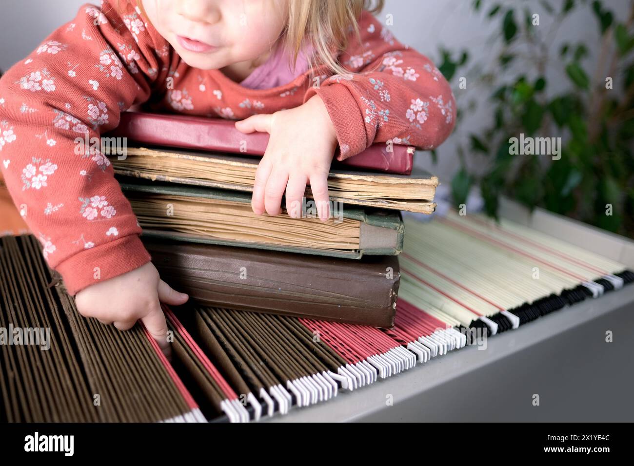 un bambino piccolo, un bambino, una bionda reggono una pila di vecchi album fotografici su un armadietto metallico di archivio con file sottili, archivio domestico, concetto di genealogia, memo Foto Stock