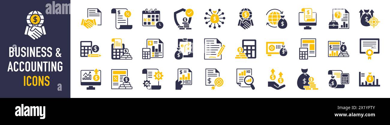 Set di icone aziendali e contabili. Contenente rendiconto finanziario, contabile, revisione finanziaria, fattura, calcolatore fiscale, società commerciale, dichiarazione dei redditi, Illustrazione Vettoriale