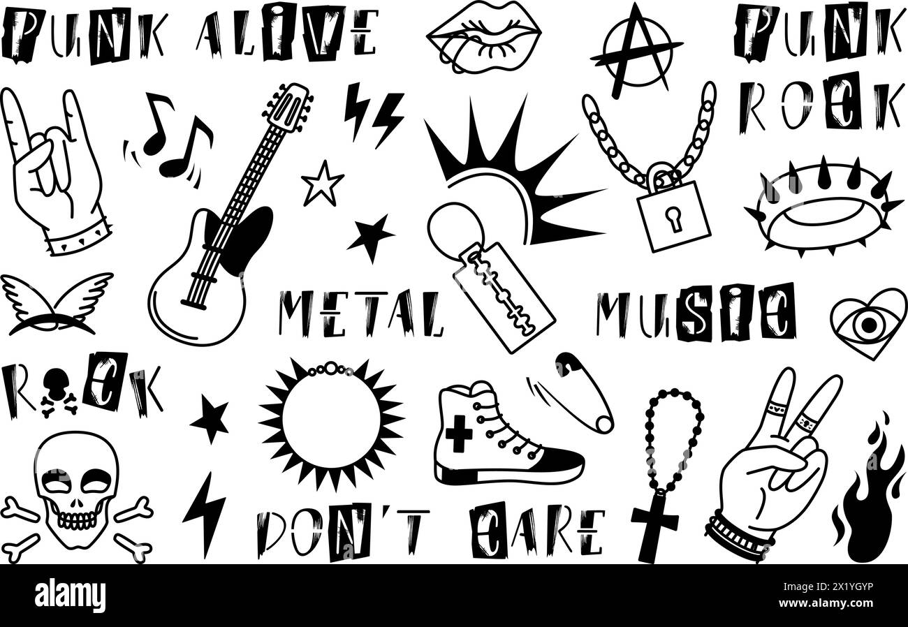 Elementi in stile rock. Clipart punk vintage con oggetti e frasi in alfabeto grunge. Hard rock metal, teschio, chitarra e simbolo anarchico, vettore neoterico Illustrazione Vettoriale