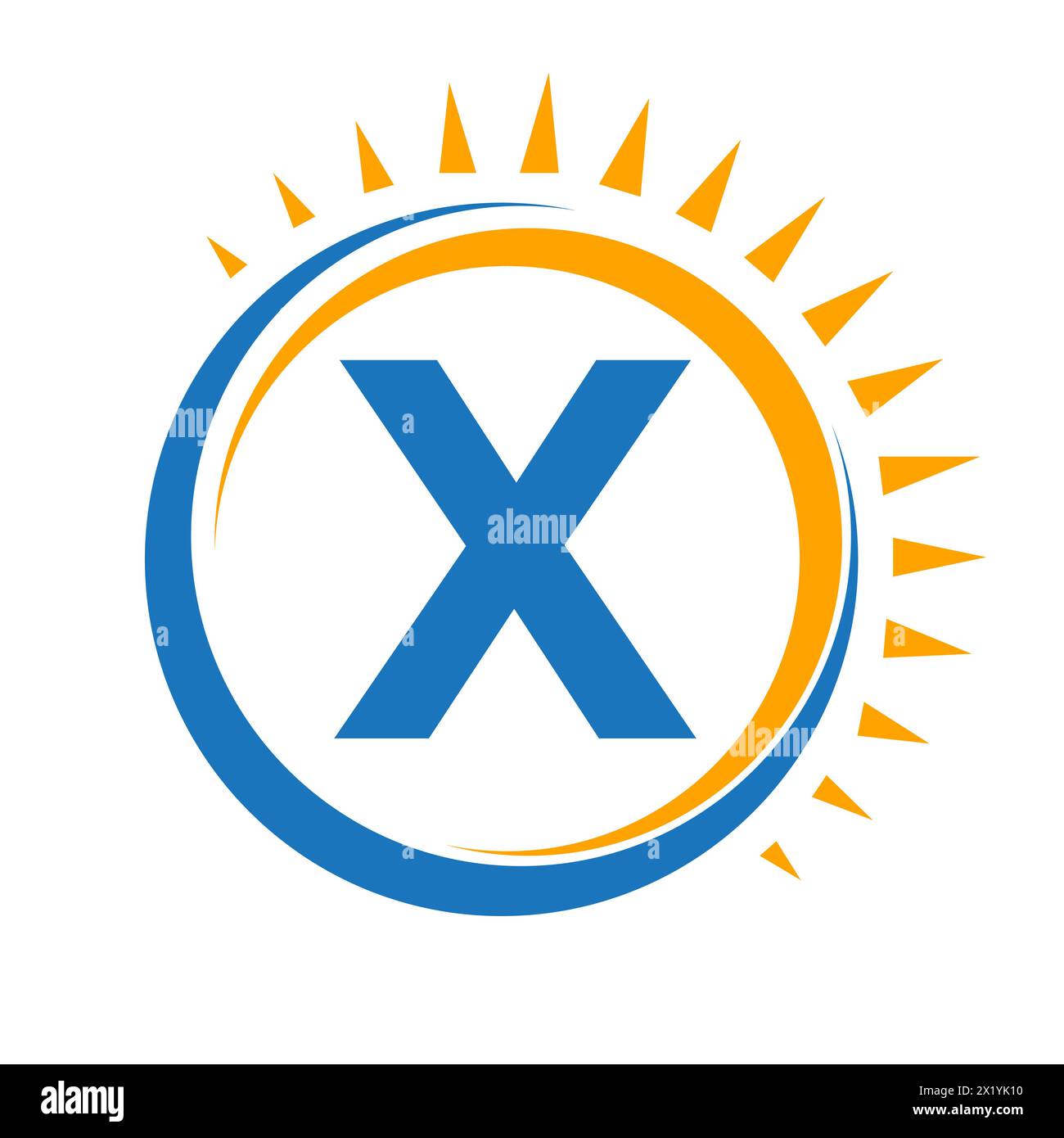 Logo Solar su Letter X Concept con icona Sun. Simbolo del sistema solare Illustrazione Vettoriale