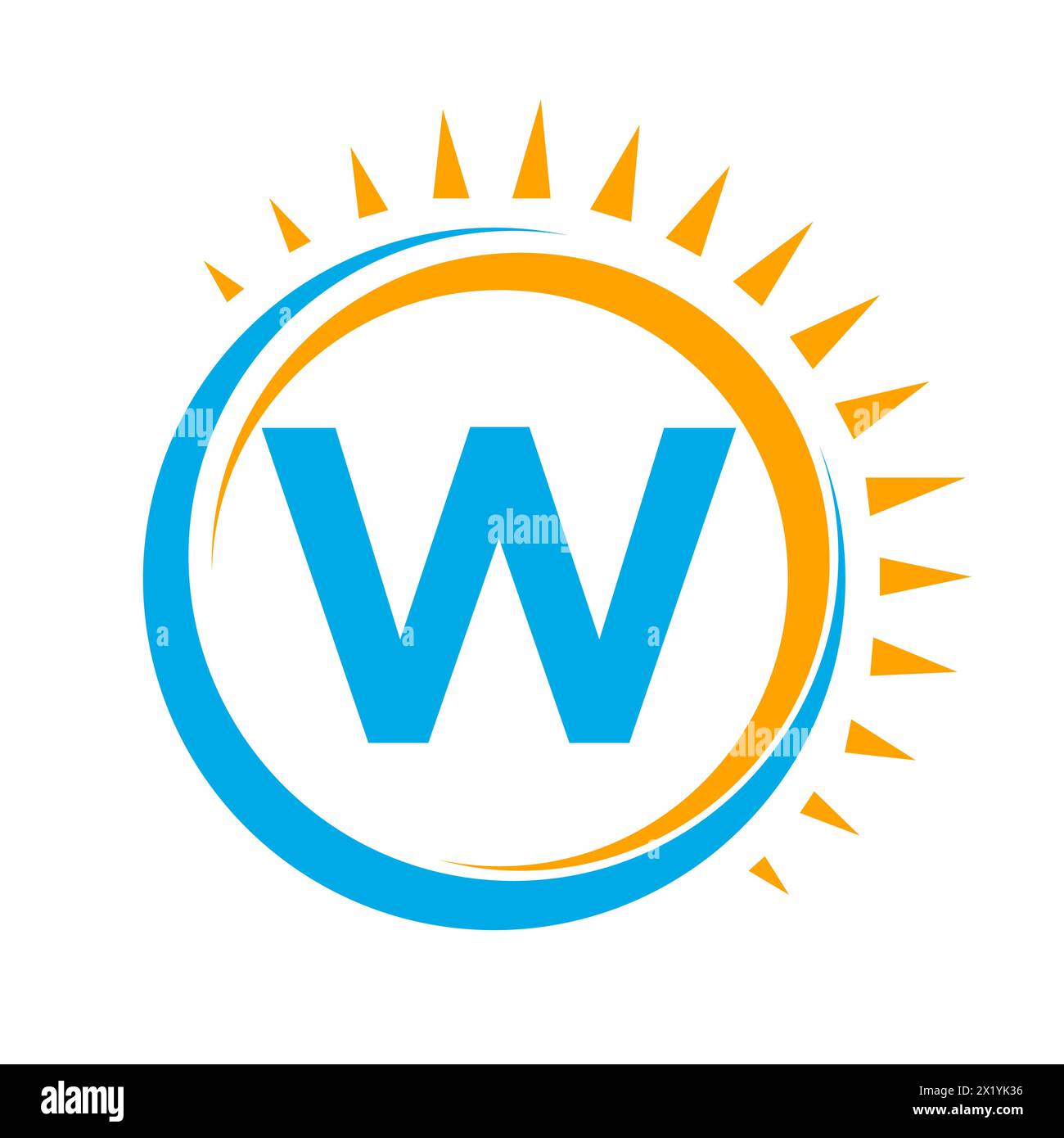 Logo Solar sulla lettera W Concept con icona Sun. Simbolo del sistema solare Illustrazione Vettoriale