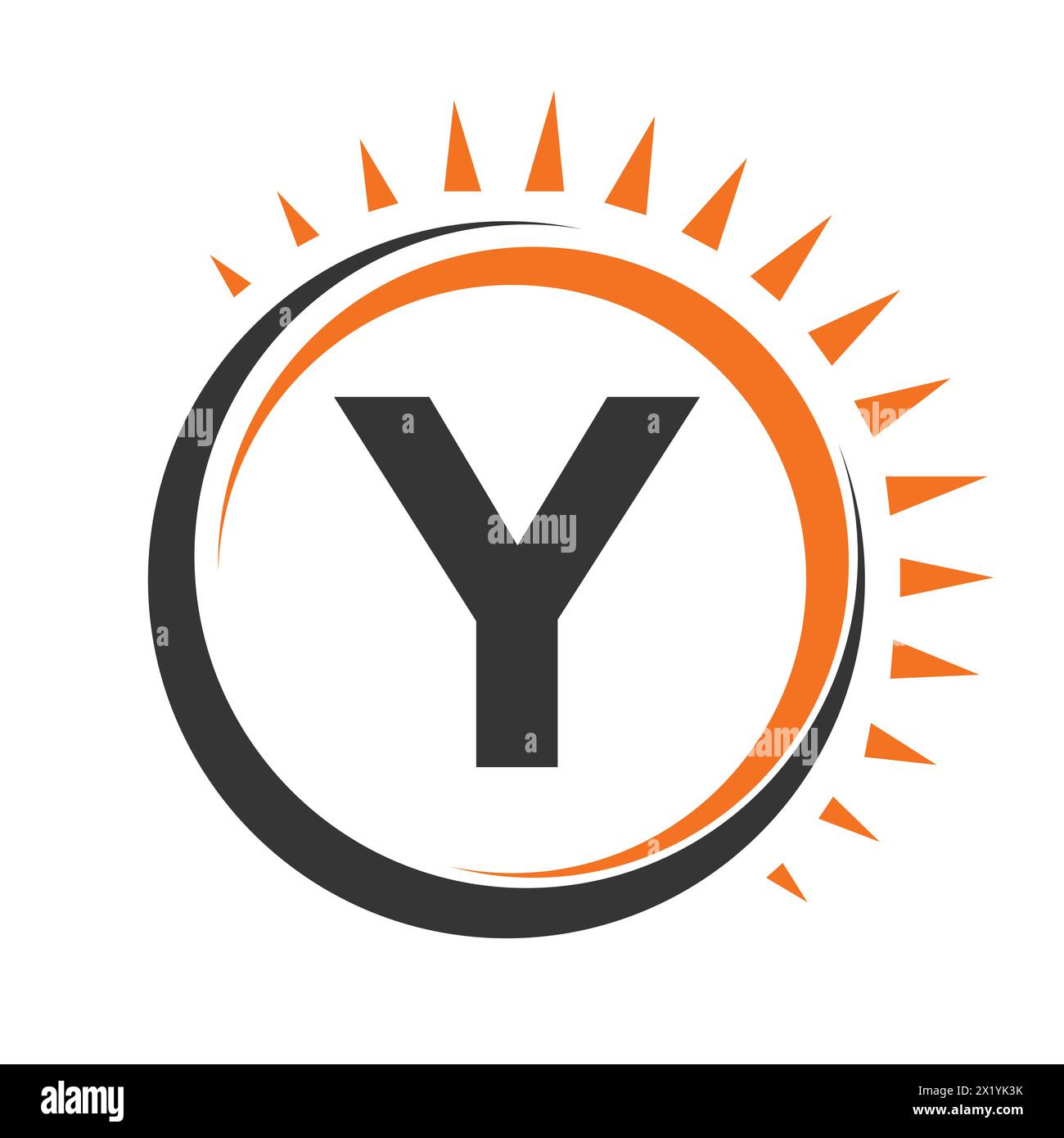Logo Solar sulla lettera Y Concept con icona Sun. Simbolo del sistema solare Illustrazione Vettoriale