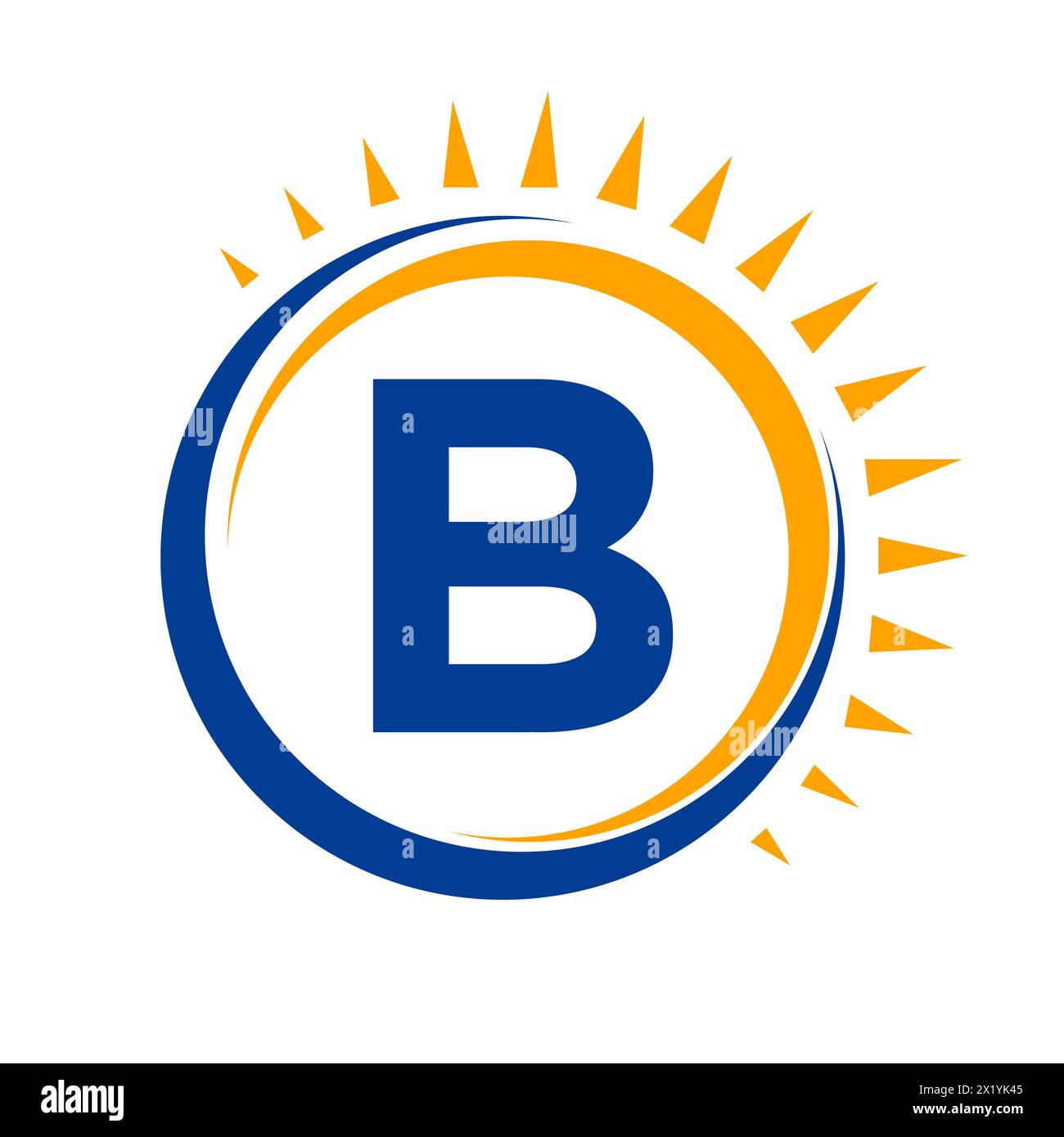 Logo Solar sulla lettera B Concept con icona Sun. Simbolo del sistema solare Illustrazione Vettoriale