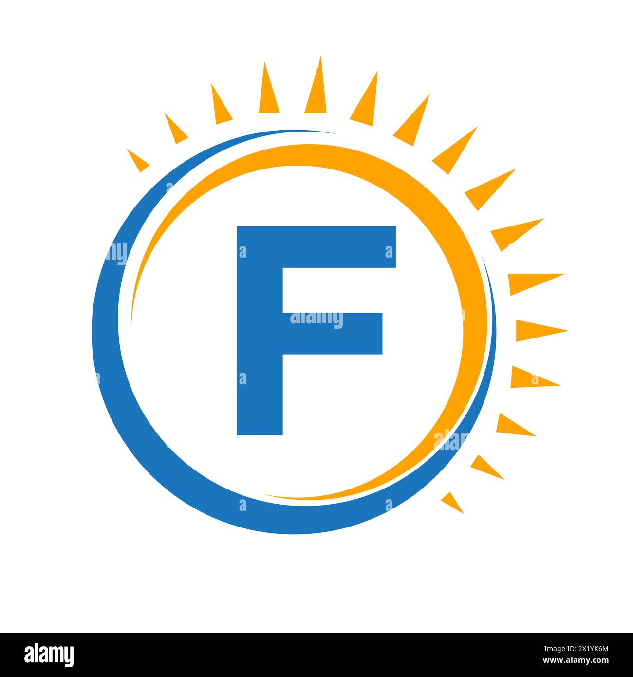 Logo Solar sulla lettera F Concept con icona Sun. Simbolo del sistema solare Illustrazione Vettoriale