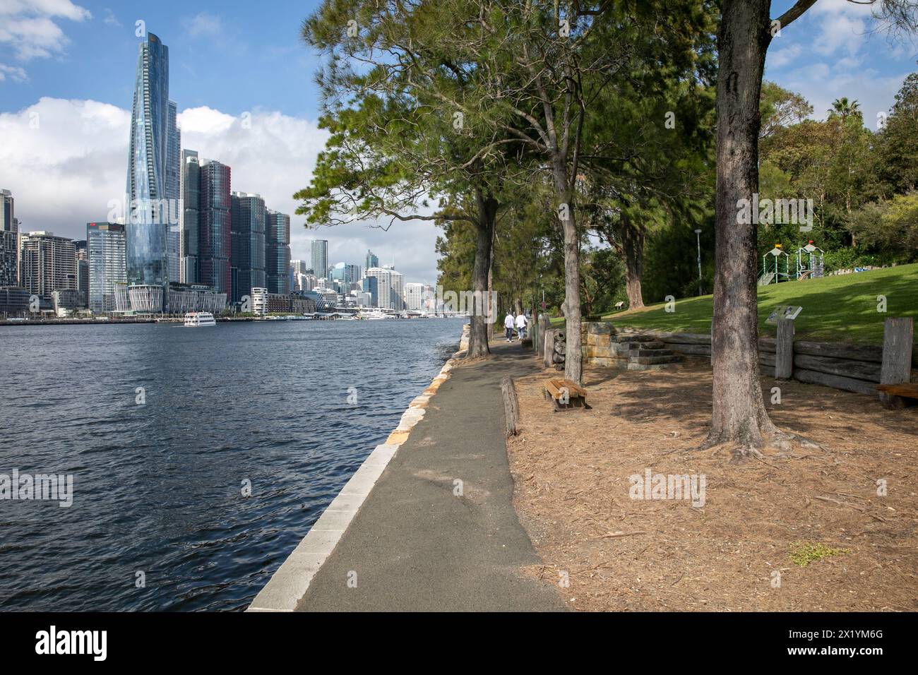 Centro di Sydney e grattacieli, Crown Casino e Barangaroo Towers, viste dalla riserva Peacock, Sydney, NSW, Australia Foto Stock