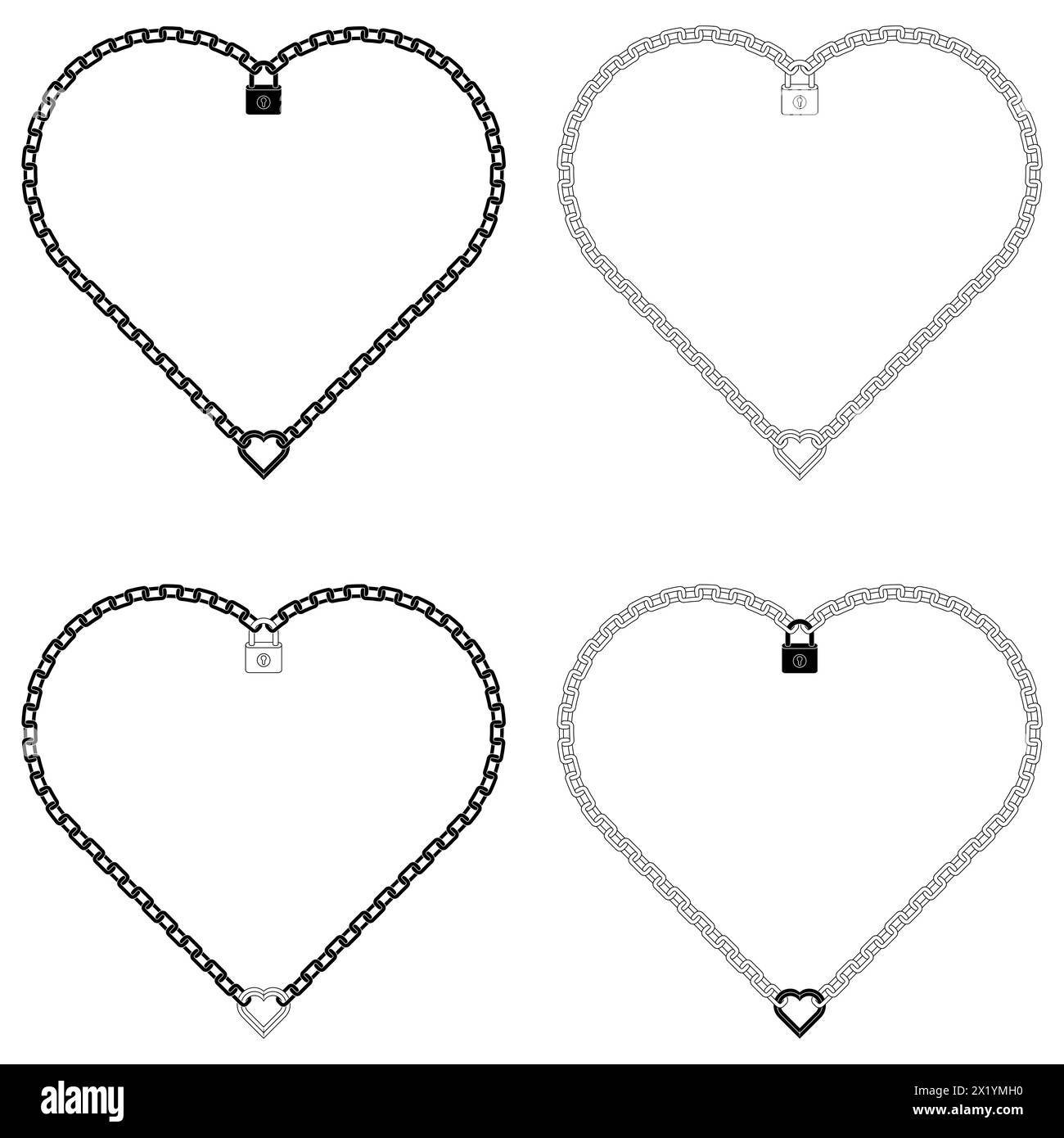 Lucchetto dal design vettoriale con catene a forma di cuore, cornice per foto di San Valentino Illustrazione Vettoriale