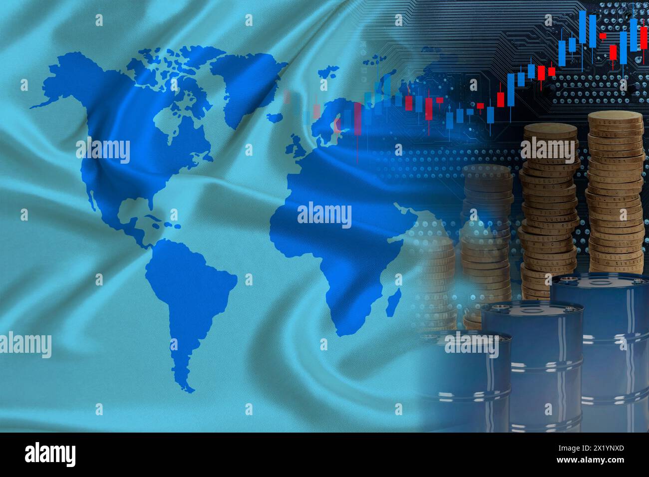 Barili di petrolio, monete metalliche, concetto di trading di futures sul petrolio, crescita dell'indice DBO in borsa, commercio mondiale globale, calo e aumento dei prezzi del petrolio Foto Stock