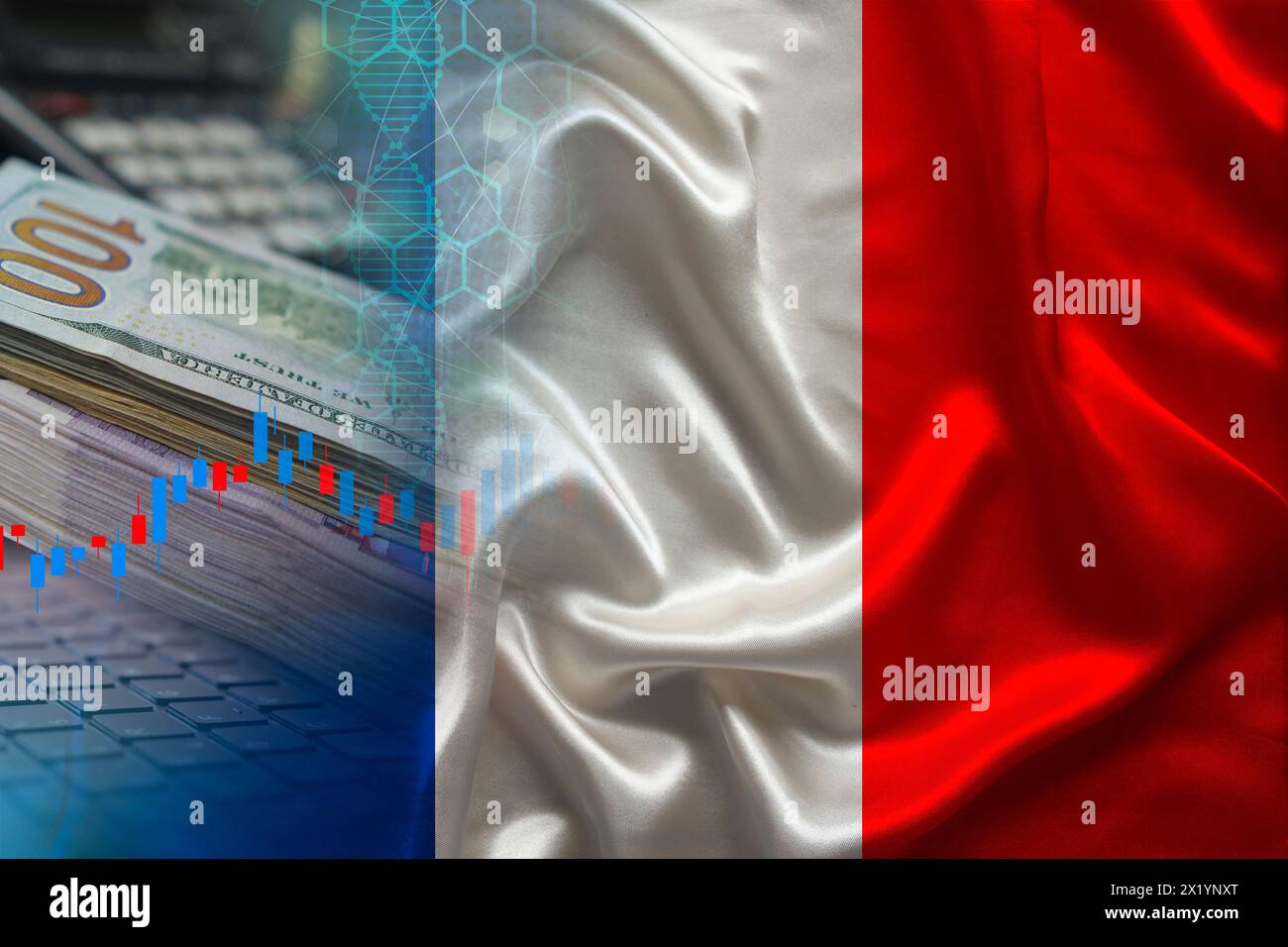 Bandiera nazionale della Francia sulla seta, banconote del dollaro, computer, concetto di commercio globale in borsa, prezzi in calo e in aumento per la valuta mondiale Foto Stock