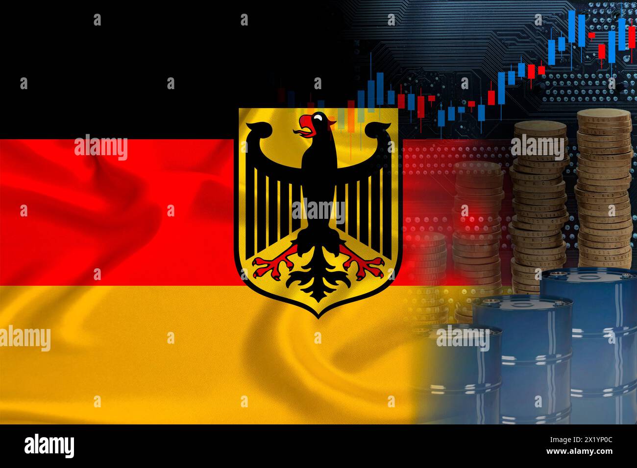 Bandiera nazionale della Germania sulla seta, barili di petrolio, monete metalliche, concetto di negoziazione di futures petroliferi, crescita dell'indice DBO in borsa, commercio mondiale, Foto Stock