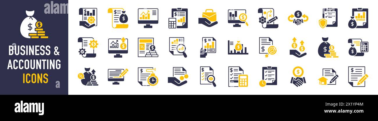 Set di icone aziendali e contabili. Contenente rendiconto finanziario, contabile, revisione finanziaria, fattura, calcolatore fiscale, società commerciale, dichiarazione dei redditi, Illustrazione Vettoriale