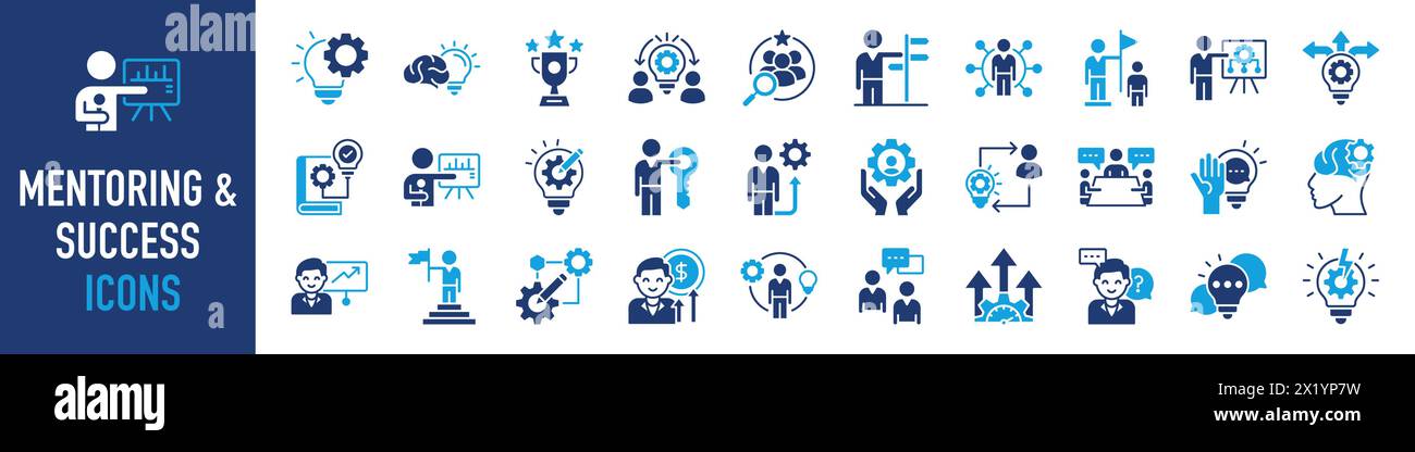 Set di icone di mentoring e successo. concetto con icona di obiettivi, coaching, guida, formazione, motivazione, conoscenza, supporto e altro ancora. Icone vettoriali. Illustrazione Vettoriale