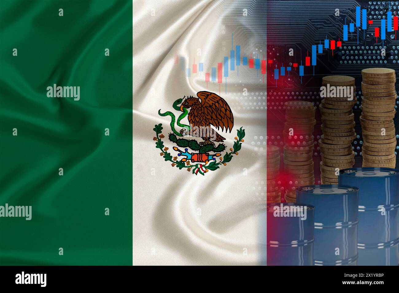 Bandiera nazionale del messico sulla seta, barili di petrolio, monete metalliche, concetto di negoziazione di futures petroliferi, crescita dell'indice DBO in borsa, commercio mondiale mondiale, Foto Stock