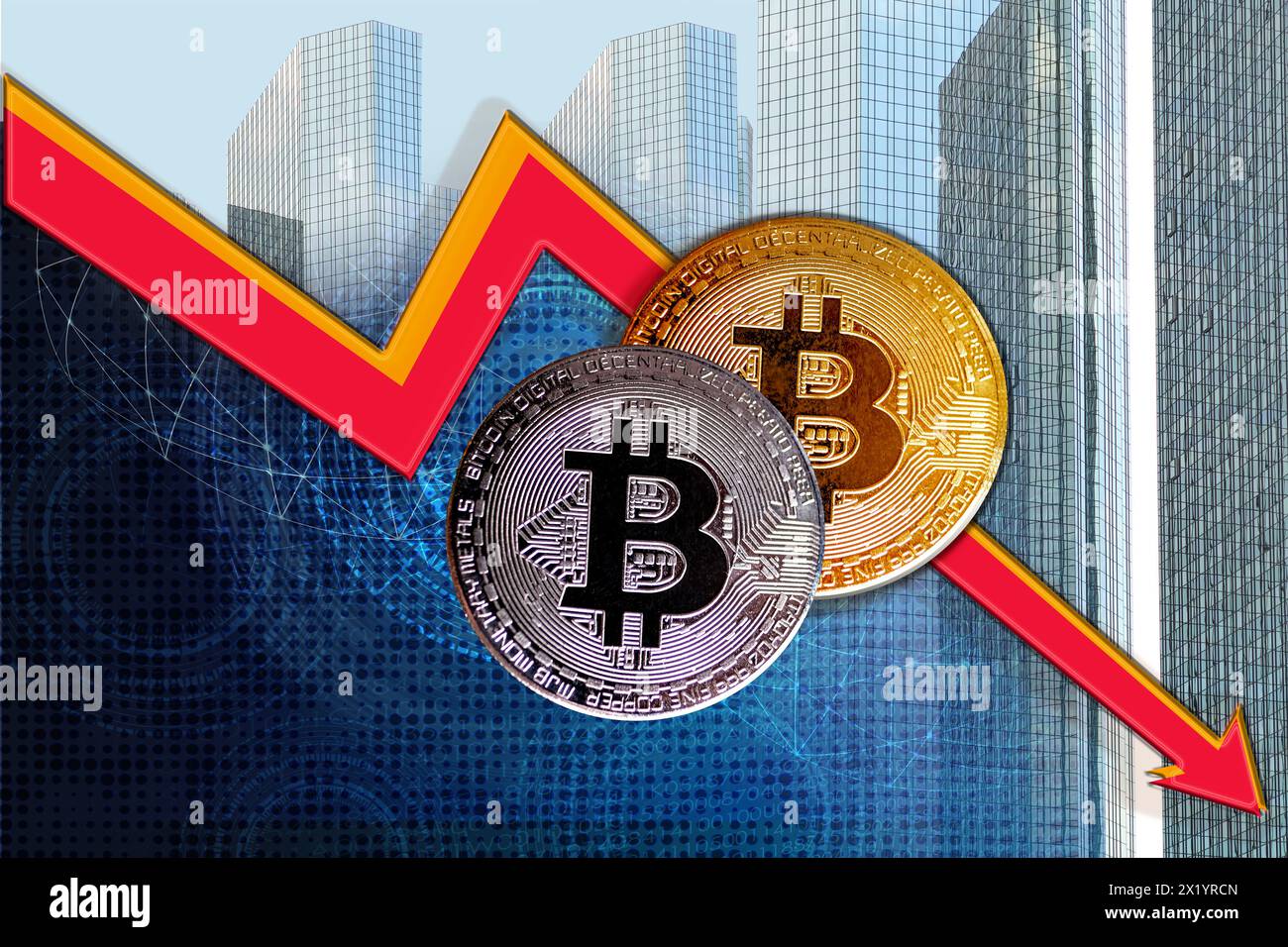 bitcoin moneta di trading elettronico, criptovaluta sullo sfondo del grafico di trading degli investimenti del mercato azionario, freccia rossa in calo, inve finanziario Foto Stock