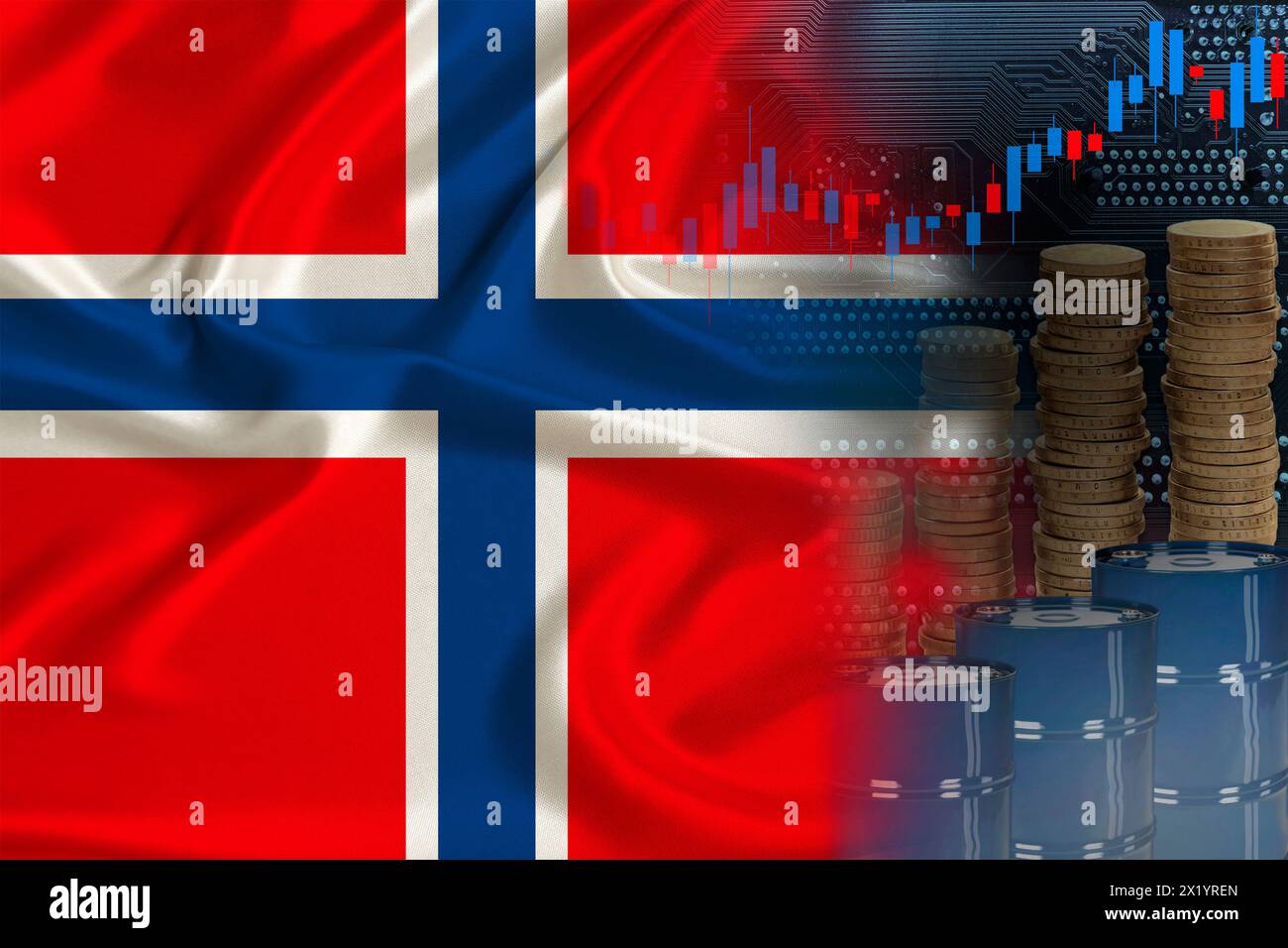 Bandiera nazionale della Norvegia sulla seta, barili di petrolio, monete metalliche, concetto di negoziazione di futures petroliferi, crescita dell'indice DBO in borsa, commercio mondiale, Foto Stock